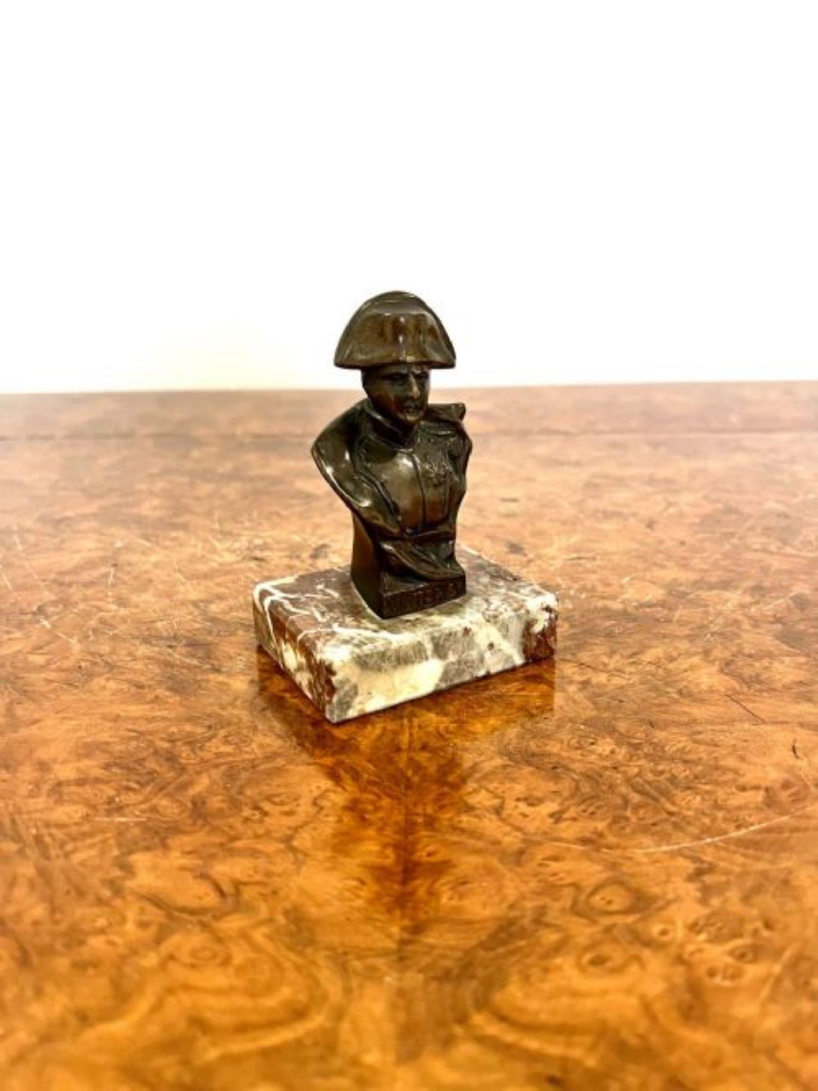 Antique Victorian small spelter bust of Napoleon having a quality small spelter bust of Napoleon with Waterloo engraved to the bottom of the figure mounted on a rectangular marble base