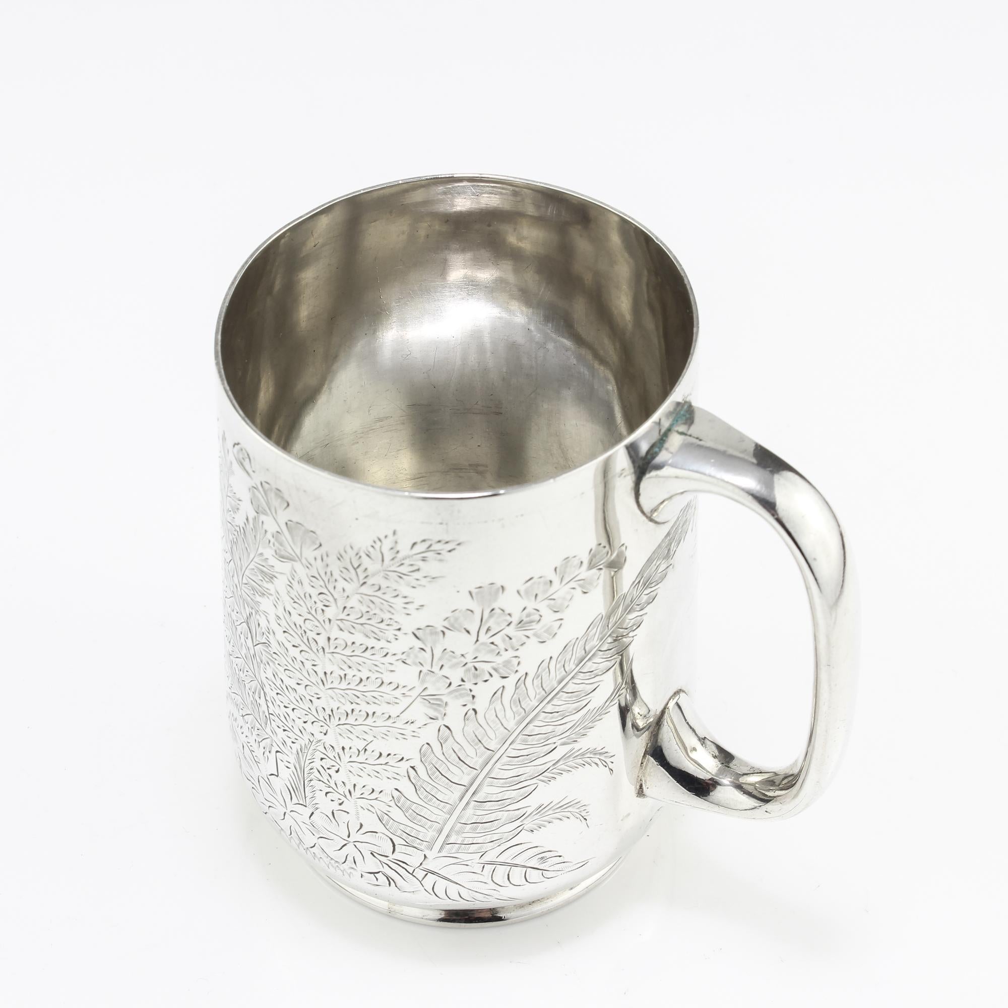 British Antique Victorian Small Sterling Silver Mug with Floral & Leaf Engravings, 1884 For Sale