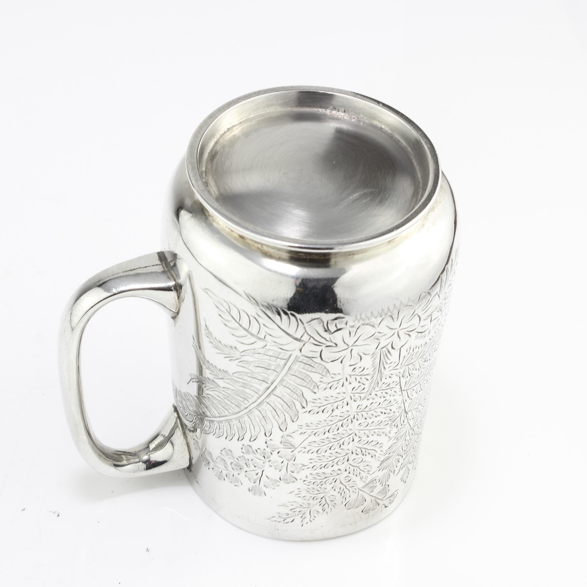 Antique Victorian Small Sterling Silver Mug with Floral & Leaf Engravings, 1884 In Good Condition For Sale In Braintree, GB
