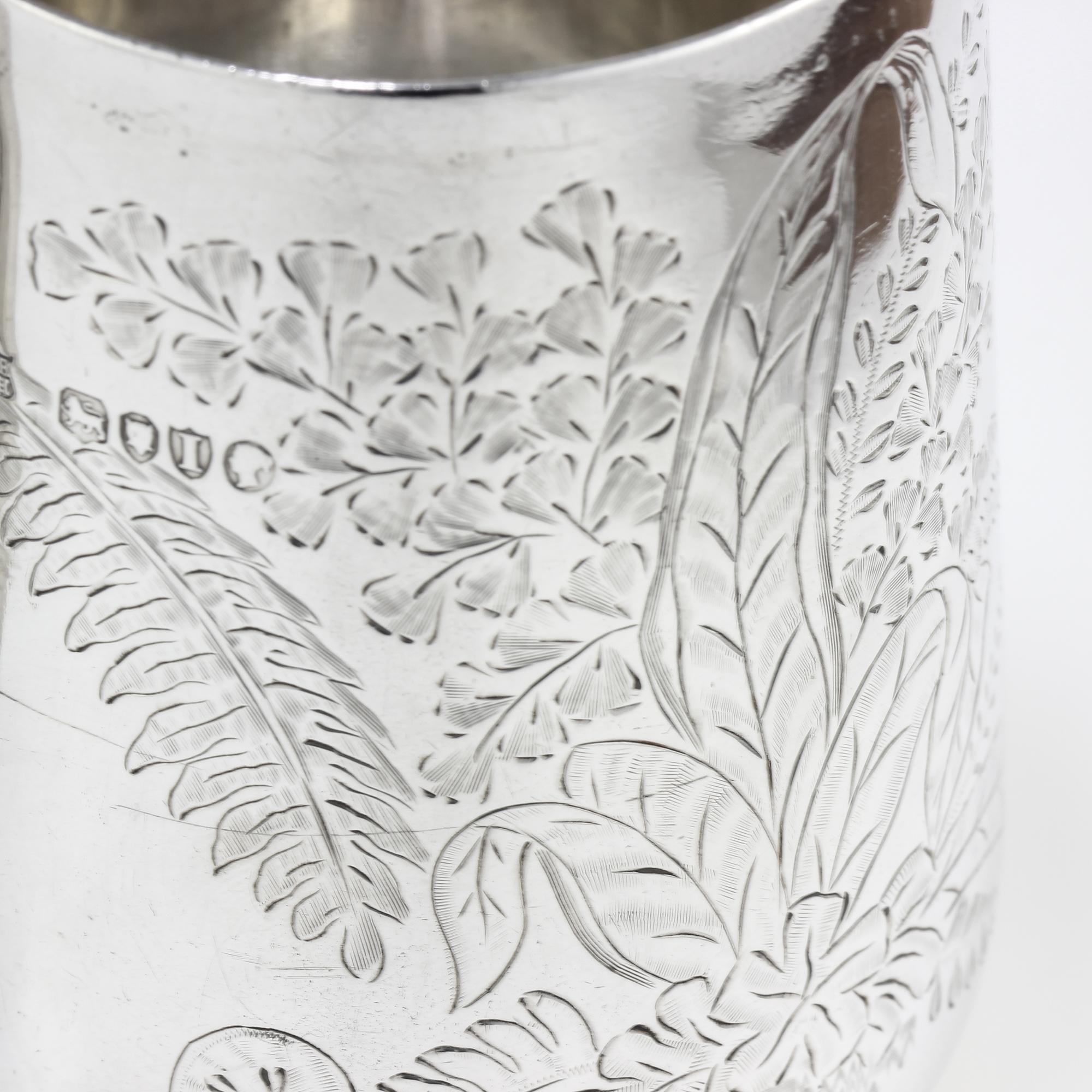 19th Century Antique Victorian Small Sterling Silver Mug with Floral & Leaf Engravings, 1884 For Sale