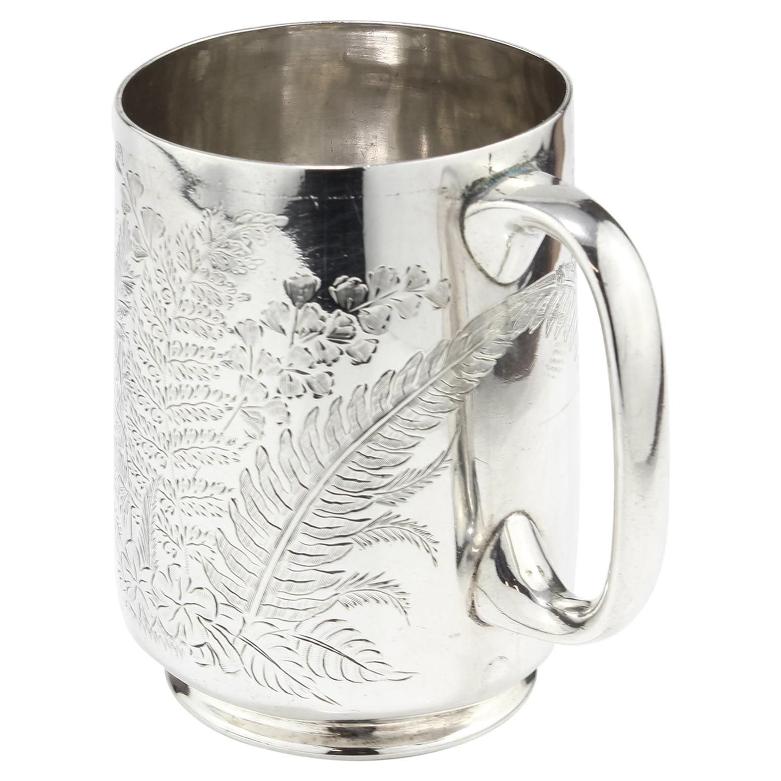 Antique Victorian Small Sterling Silver Mug with Floral & Leaf Engravings, 1884