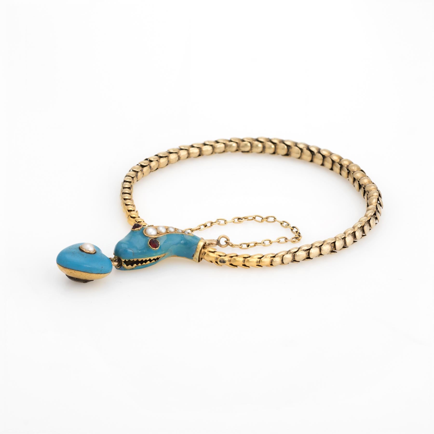 Women's Antique Victorian Snake Bracelet 18 Karat Gold Blue Enamel Garnet Pearl Old For Sale