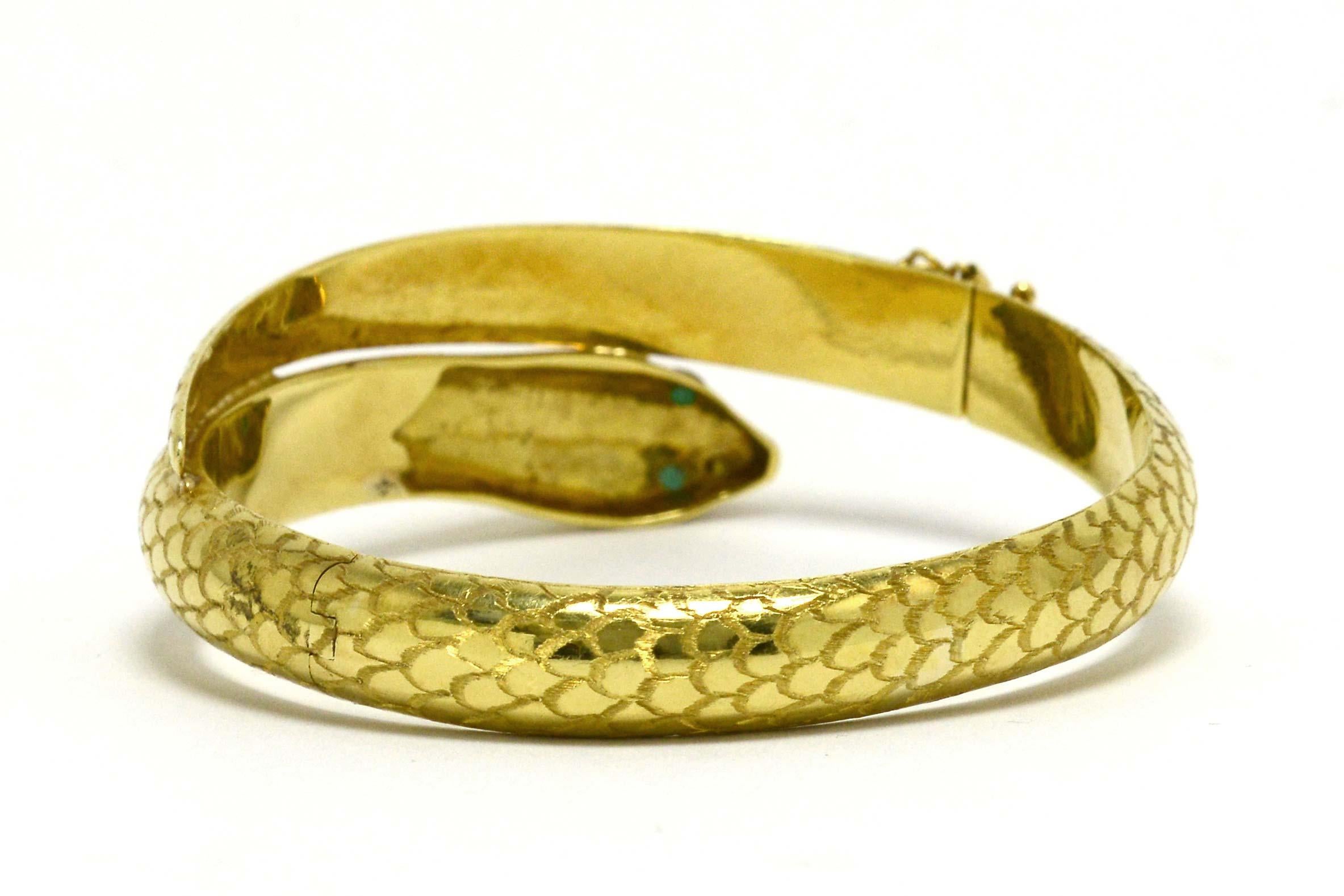 Round Cut Victorian Snake Bracelet Coiled Cuff Bangle Serpent Emerald Eye 18 Karat Gold