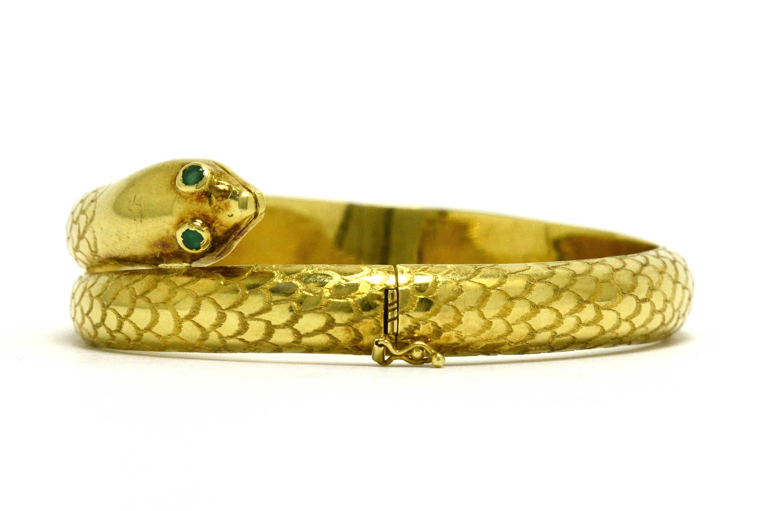 Victorian Snake Bracelet Coiled Cuff Bangle Serpent Emerald Eye 18 Karat Gold In Good Condition In Santa Barbara, CA