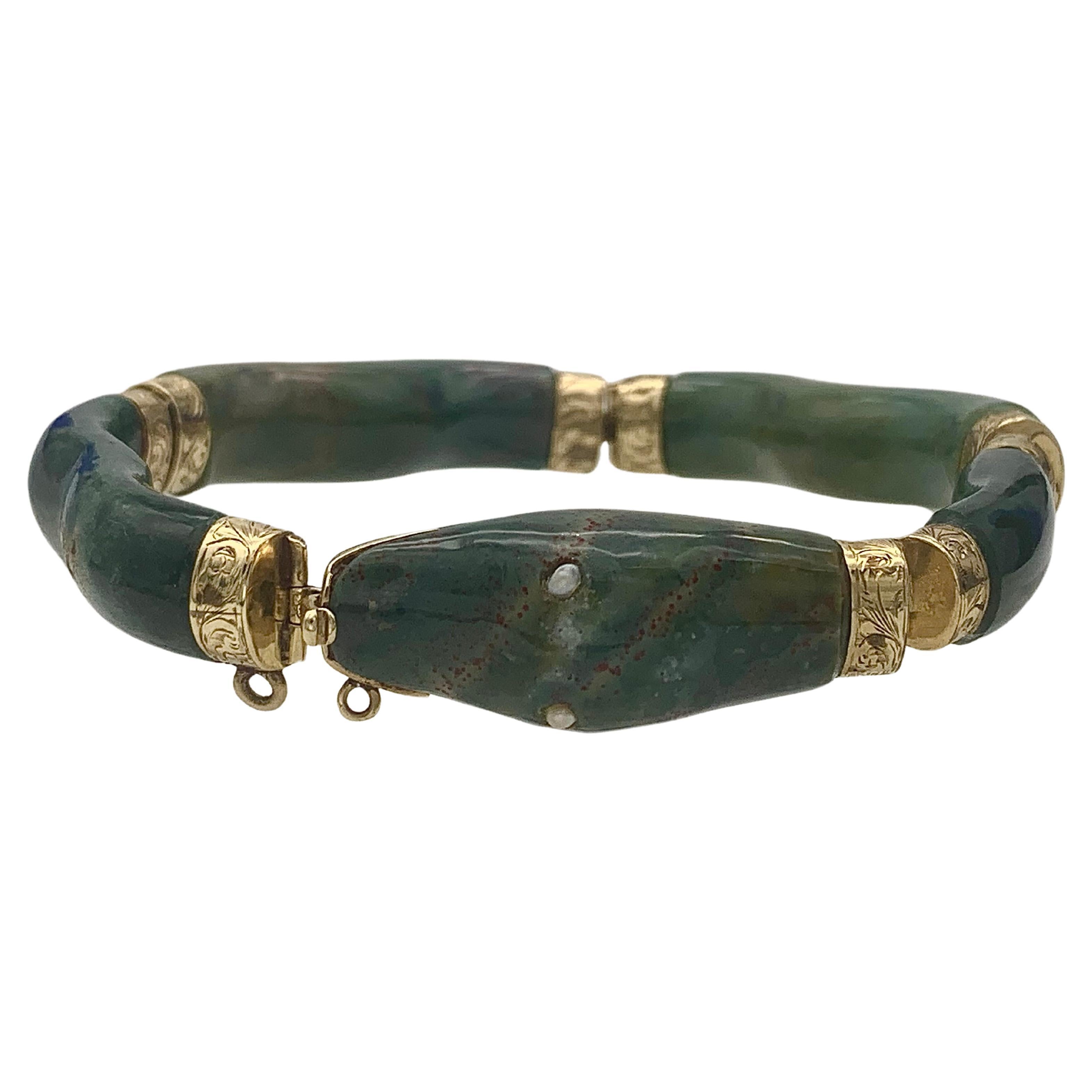 Antique Victorian Snake Bracelet jasper Yellow Gold Pearl Good Luck Eternity For Sale