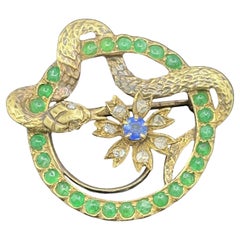 Antike viktorianische Schlangenbrosche 18k Gold Smaragd, Saphir & Diamanten im Rosenschliff