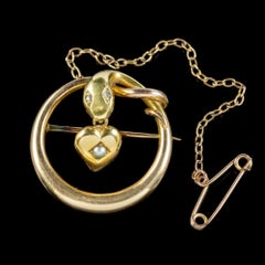 Antique Victorian Snake Brooch Diamond Eyes Pearl Heart in 15ct Gold, circa 1880