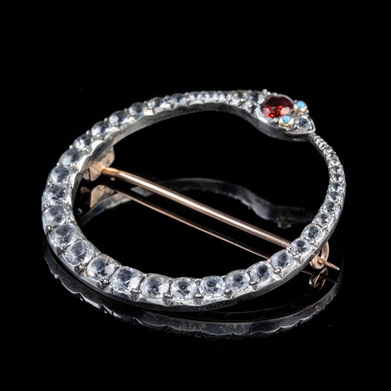 Women's Antique Victorian Snake Brooch Silver Gold Fire Opal Paste, circa 1850 For Sale