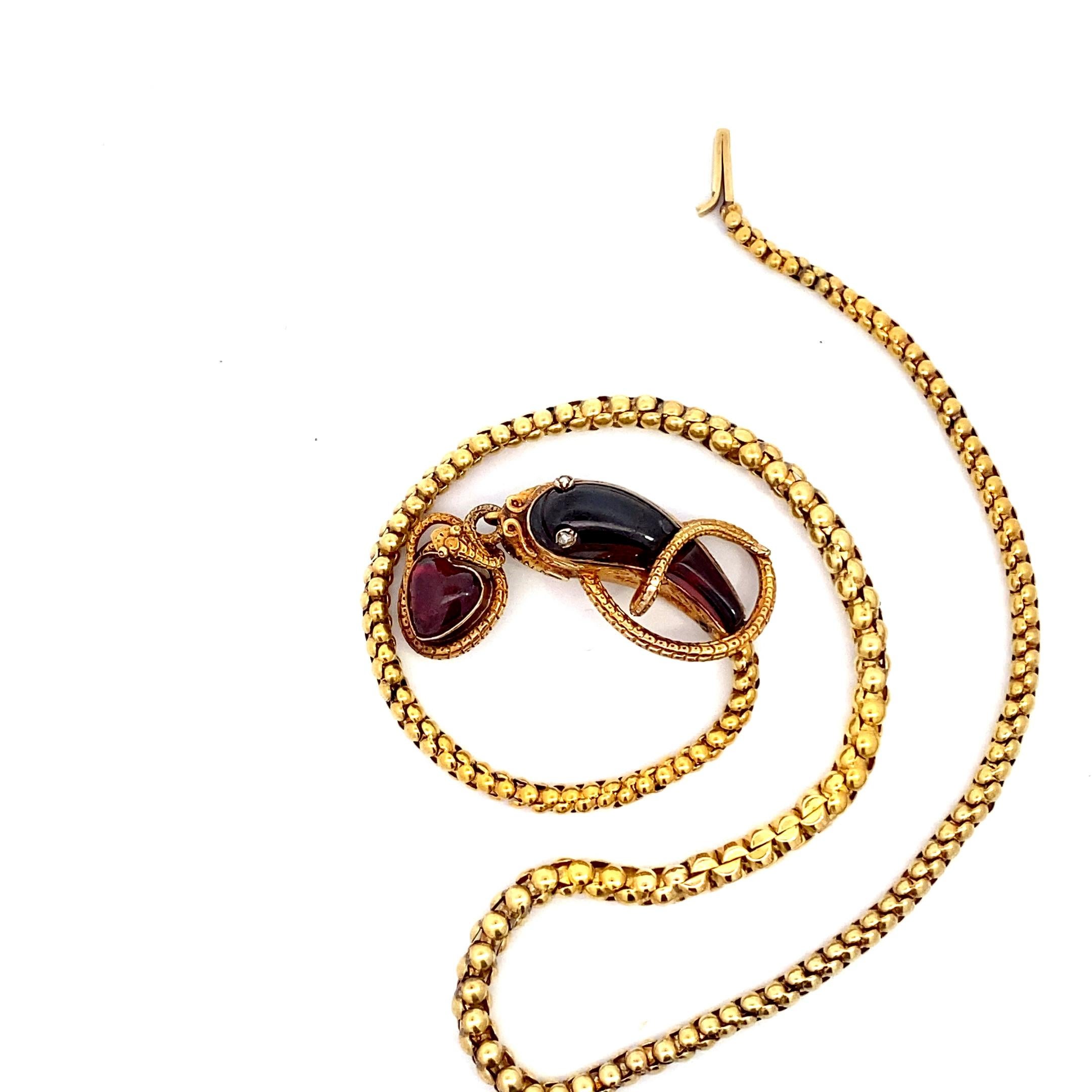 Cabochon Antique Victorian Snake Necklace 15k, Garnet Head with Original Box For Sale