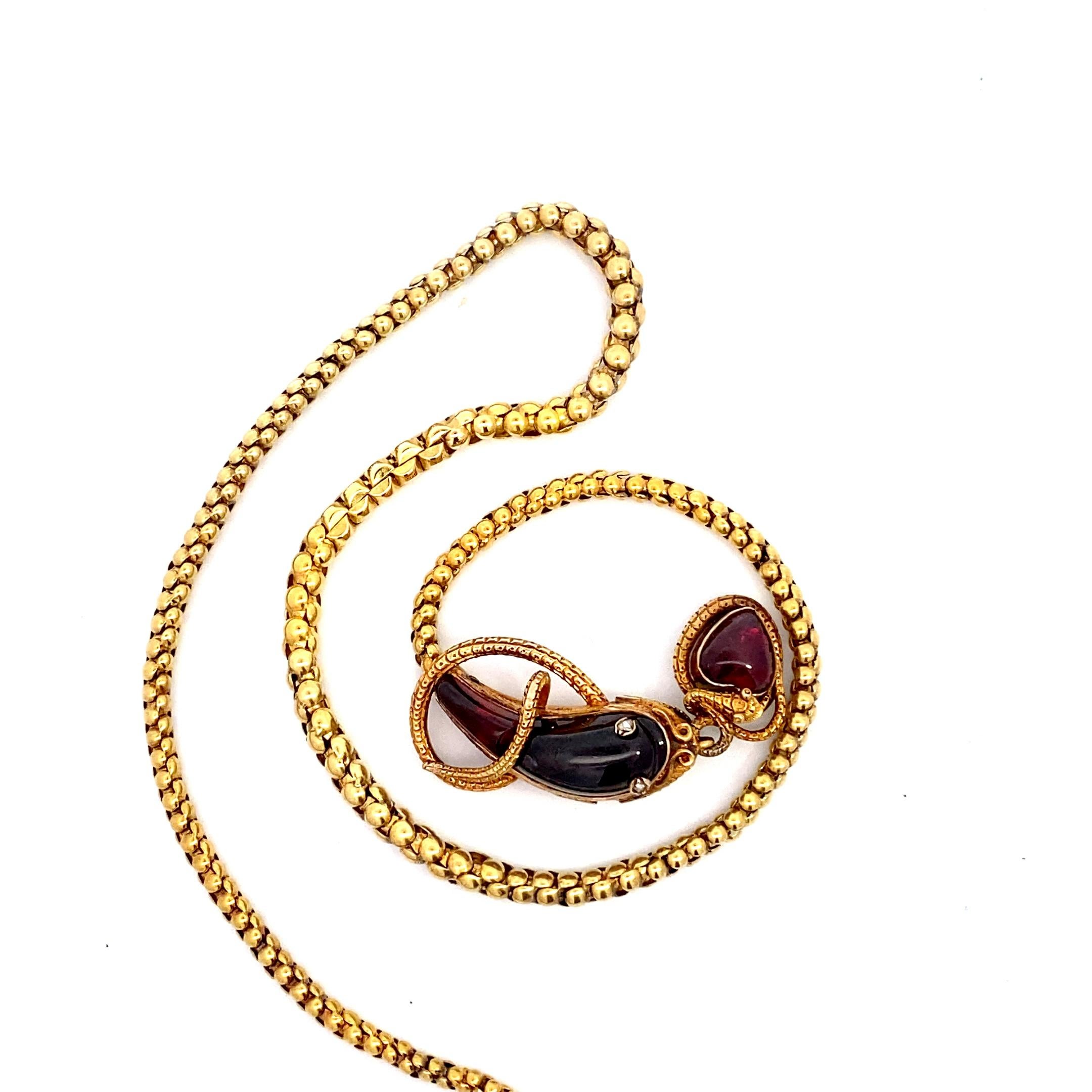 Women's or Men's Antique Victorian Snake Necklace 15k, Garnet Head with Original Box For Sale