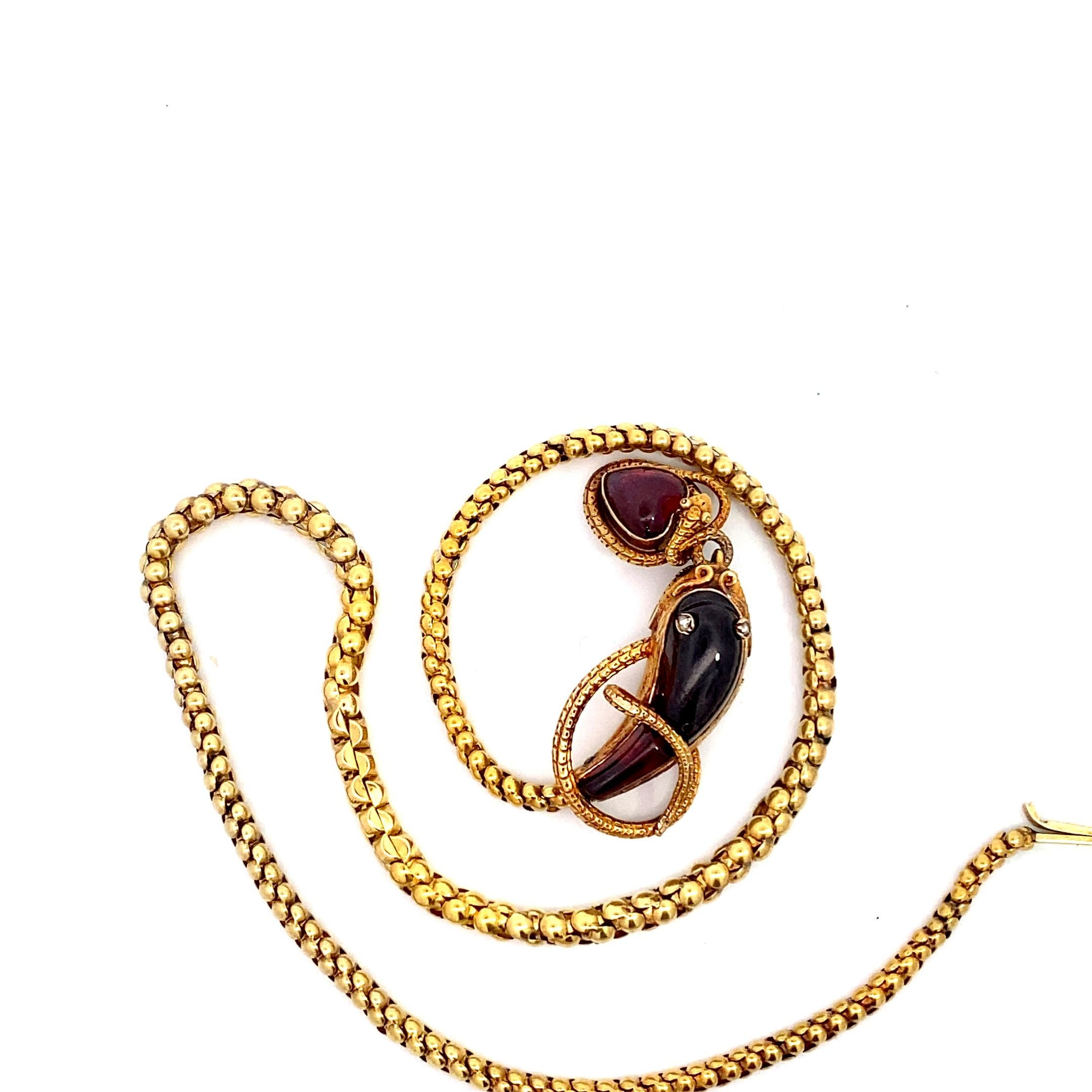 Antique Victorian Snake Necklace 15k, Garnet Head with Original Box For Sale 1