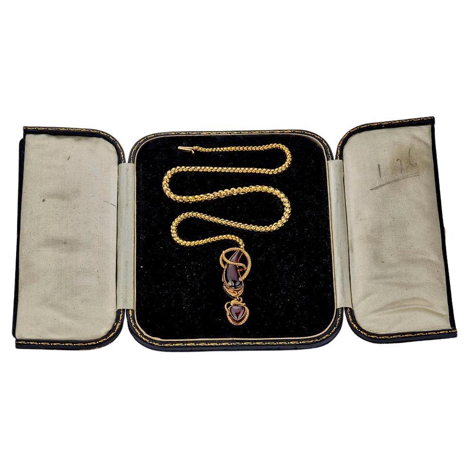 Antike viktorianische Schlangenhalskette 15k, Granatkopf mit Originalverpackung