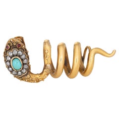 Antique Victorian Snake Pendant Diamond Turquoise 18k Yellow Gold Coiled Slide