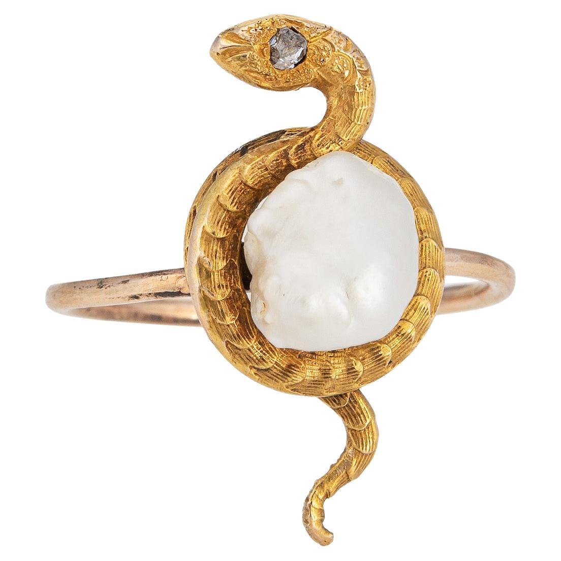 Antique Victorian Snake Ring Diamond Pearl Conversion Band 14k Yellow Gold