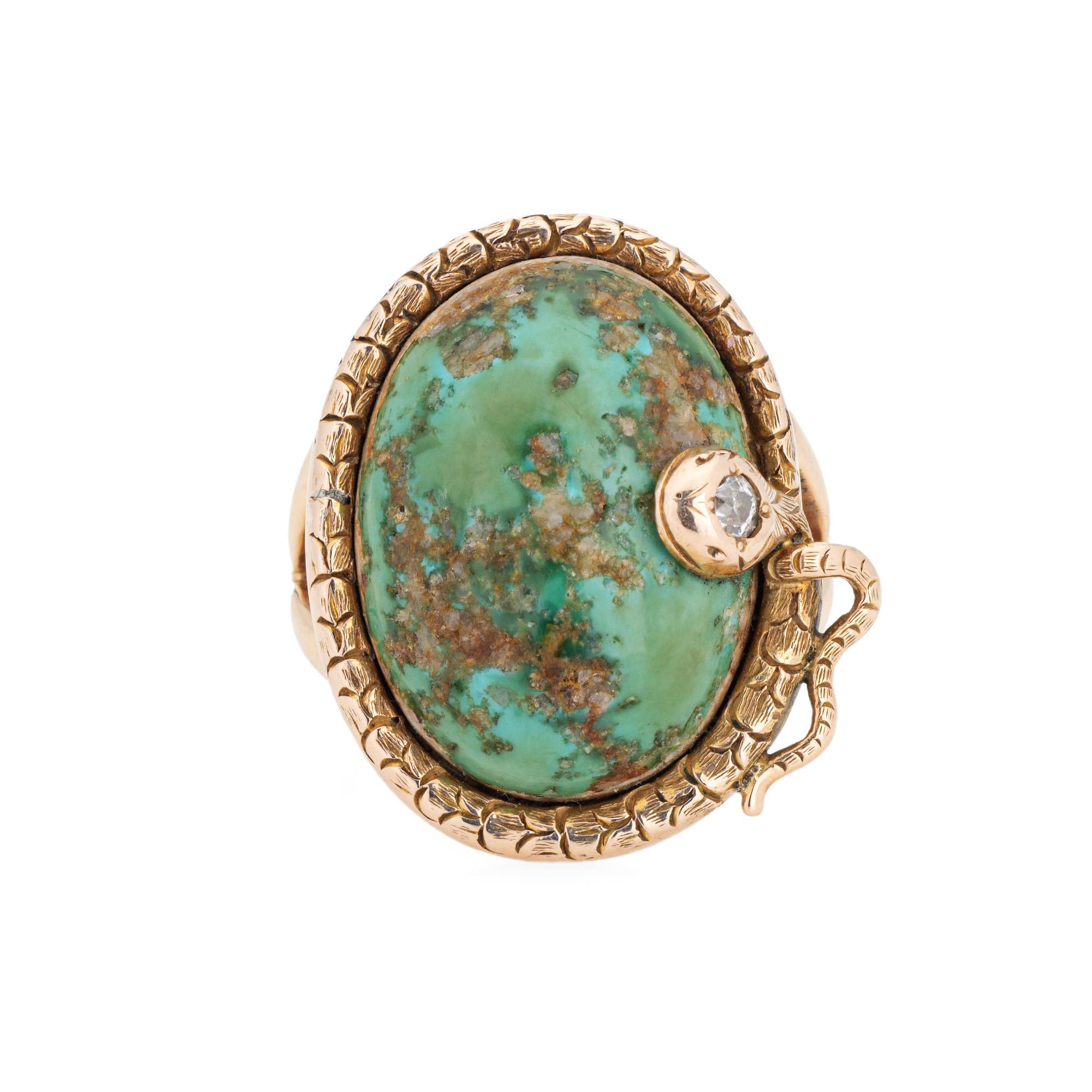 Bold and distinct antique Victorian snake ring, crafted in 10 karat yellow gold (circa 1880s to 1900s). 

Turquoise measures 20mm x 15mm. One estimated 0.05 carat old mine cut diamonds is set into the snake's head (estimated at I-J color and SI2-I1
