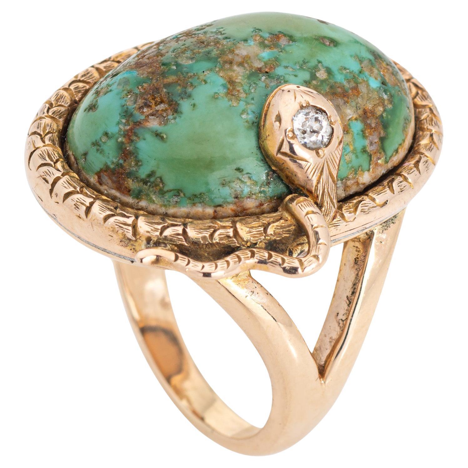 Antique Victorian Snake Ring Turquoise Diamond 7 Large Cocktail Serpent Jewelry For Sale