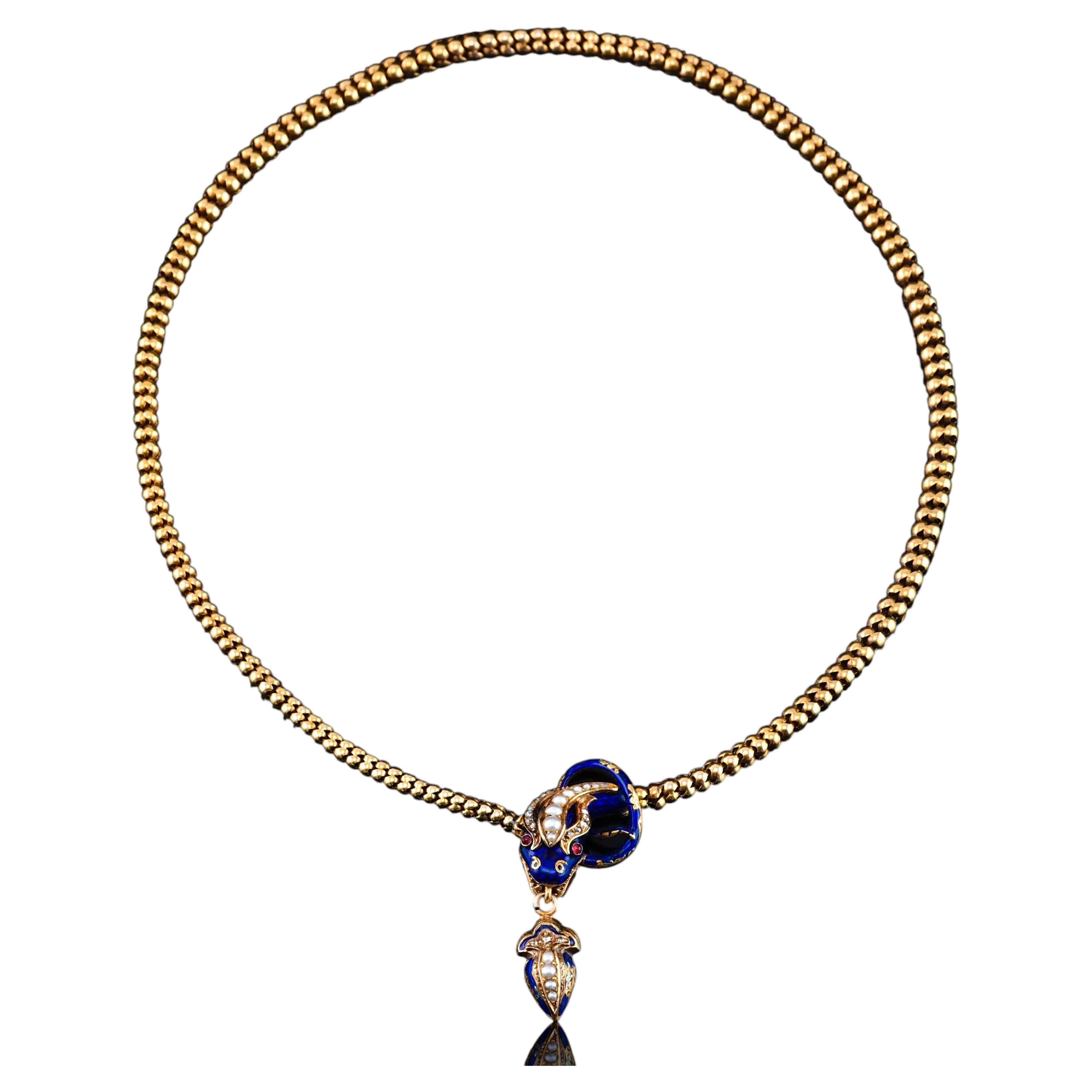 Antique Victorian Snake Serpent Necklace 18K Gold, Diamond & Enamel c.1860