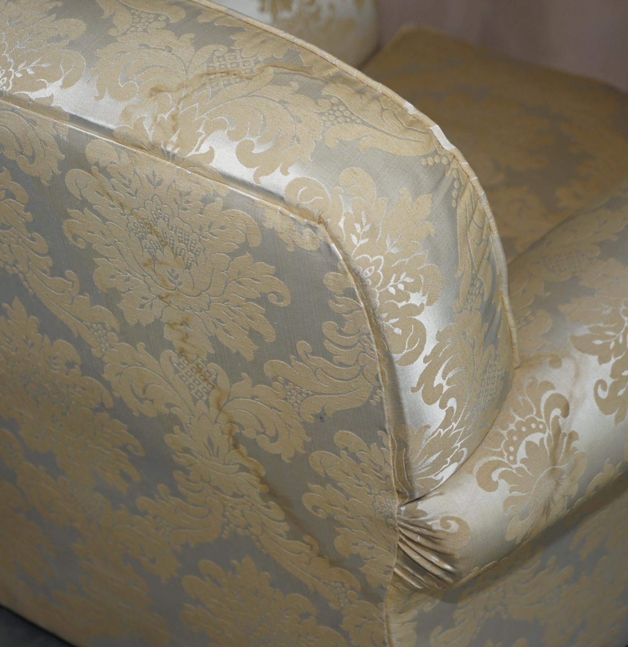 Antique Victorian Sofa & Armchair Club Suite Damask Upholstery Turned Bun Feet For Sale 1