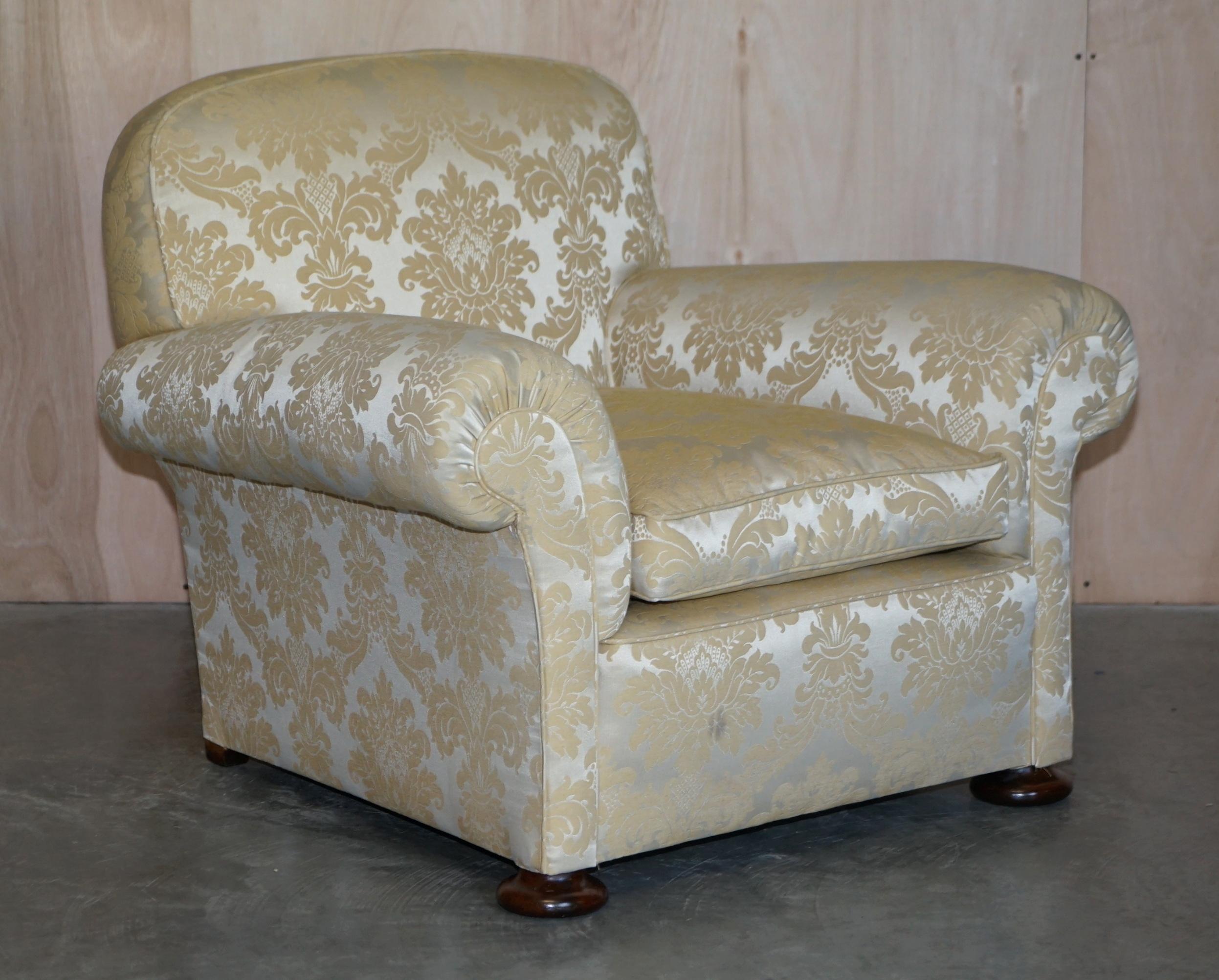 Antique Victorian Sofa & Armchair Club Suite Damask Upholstery Turned Bun Feet For Sale 2