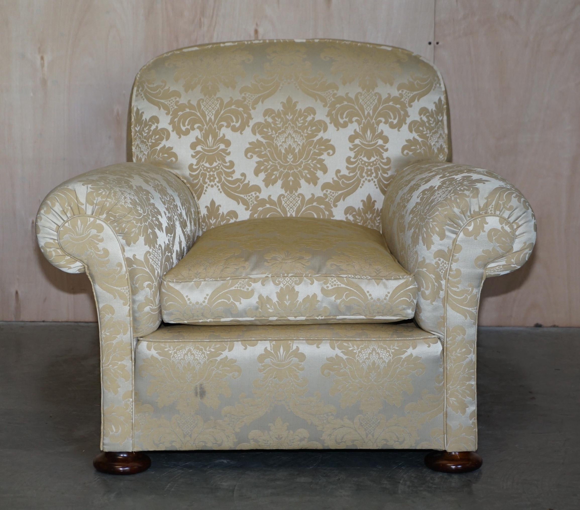 Antique Victorian Sofa & Armchair Club Suite Damask Upholstery Turned Bun Feet For Sale 3
