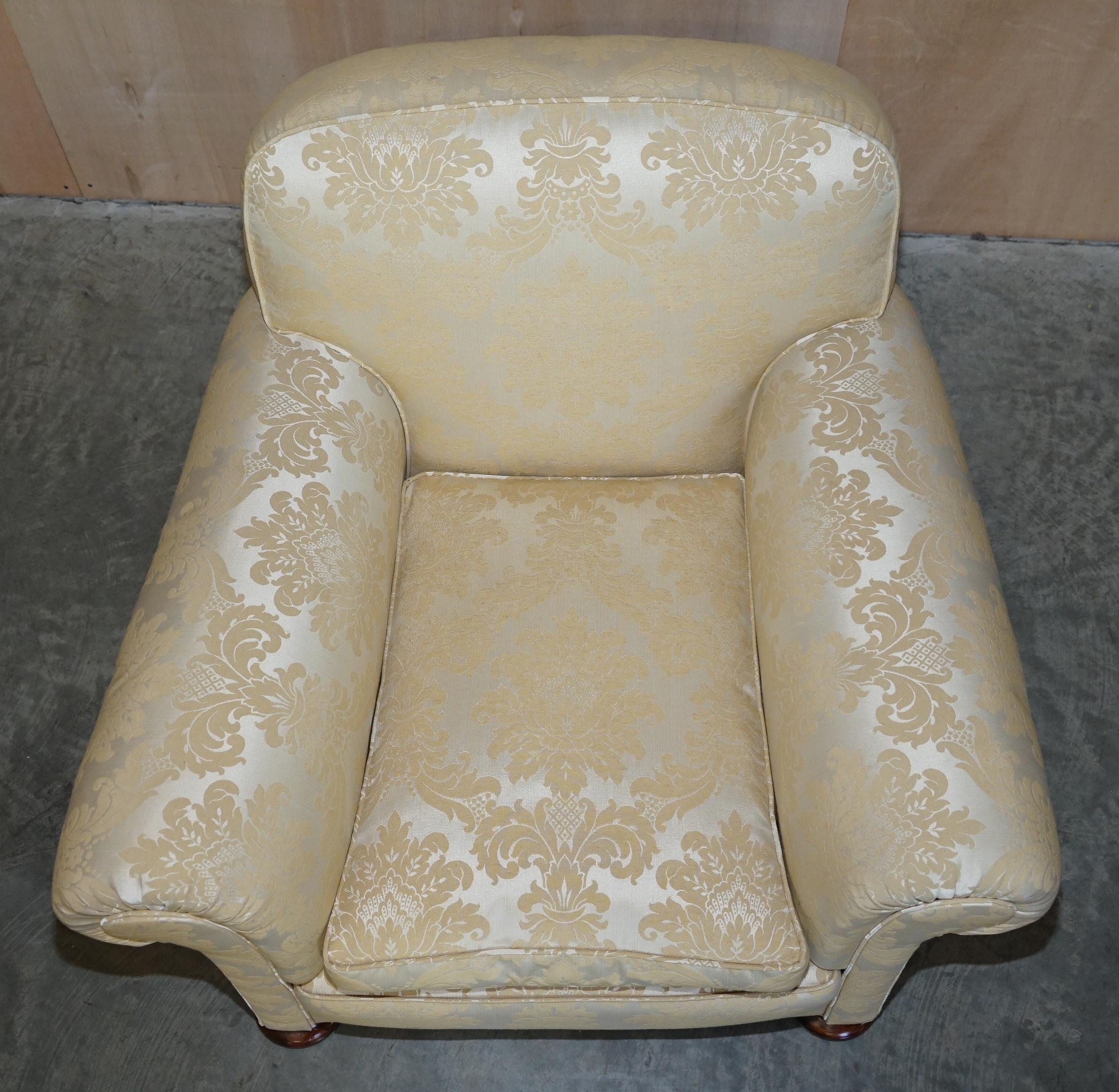Antique Victorian Sofa & Armchair Club Suite Damask Upholstery Turned Bun Feet For Sale 4