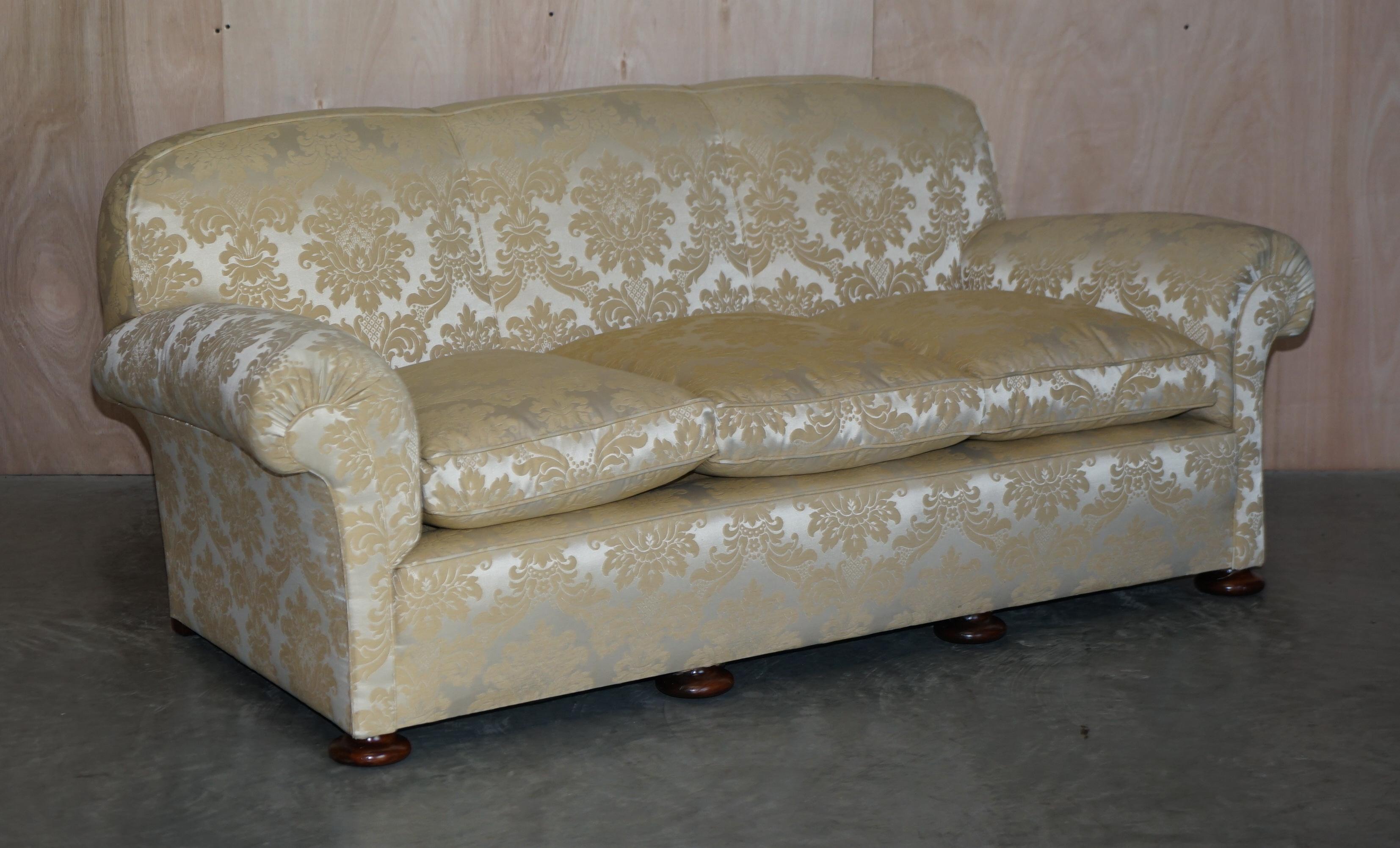 Antique Victorian Sofa & Armchair Club Suite Damask Upholstery Turned Bun Feet For Sale 5