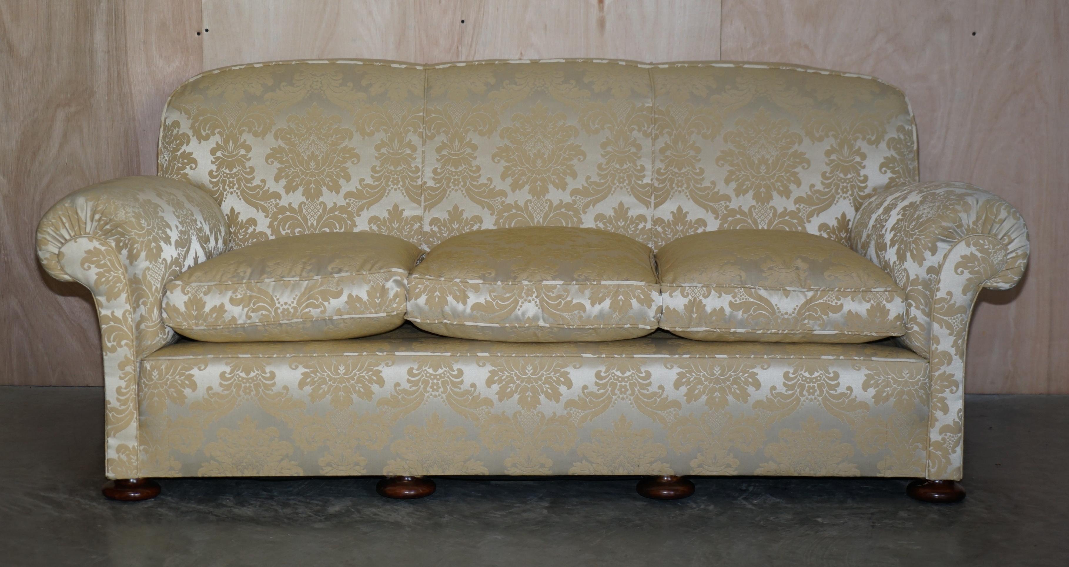 Antique Victorian Sofa & Armchair Club Suite Damask Upholstery Turned Bun Feet For Sale 6