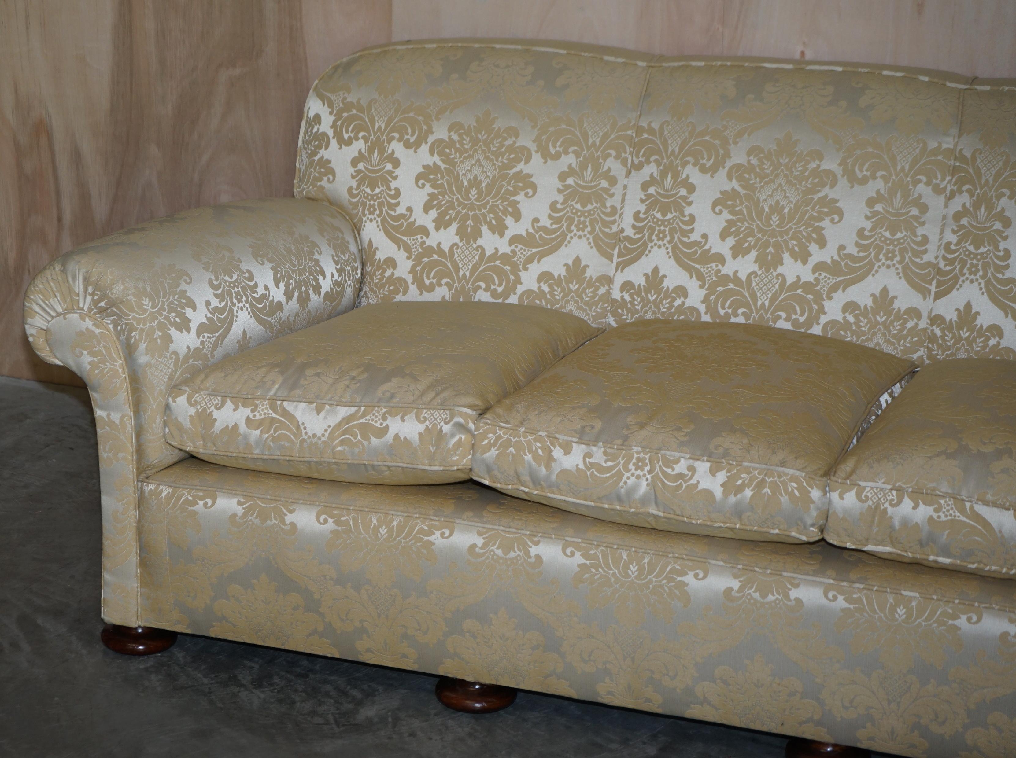 Antique Victorian Sofa & Armchair Club Suite Damask Upholstery Turned Bun Feet For Sale 7