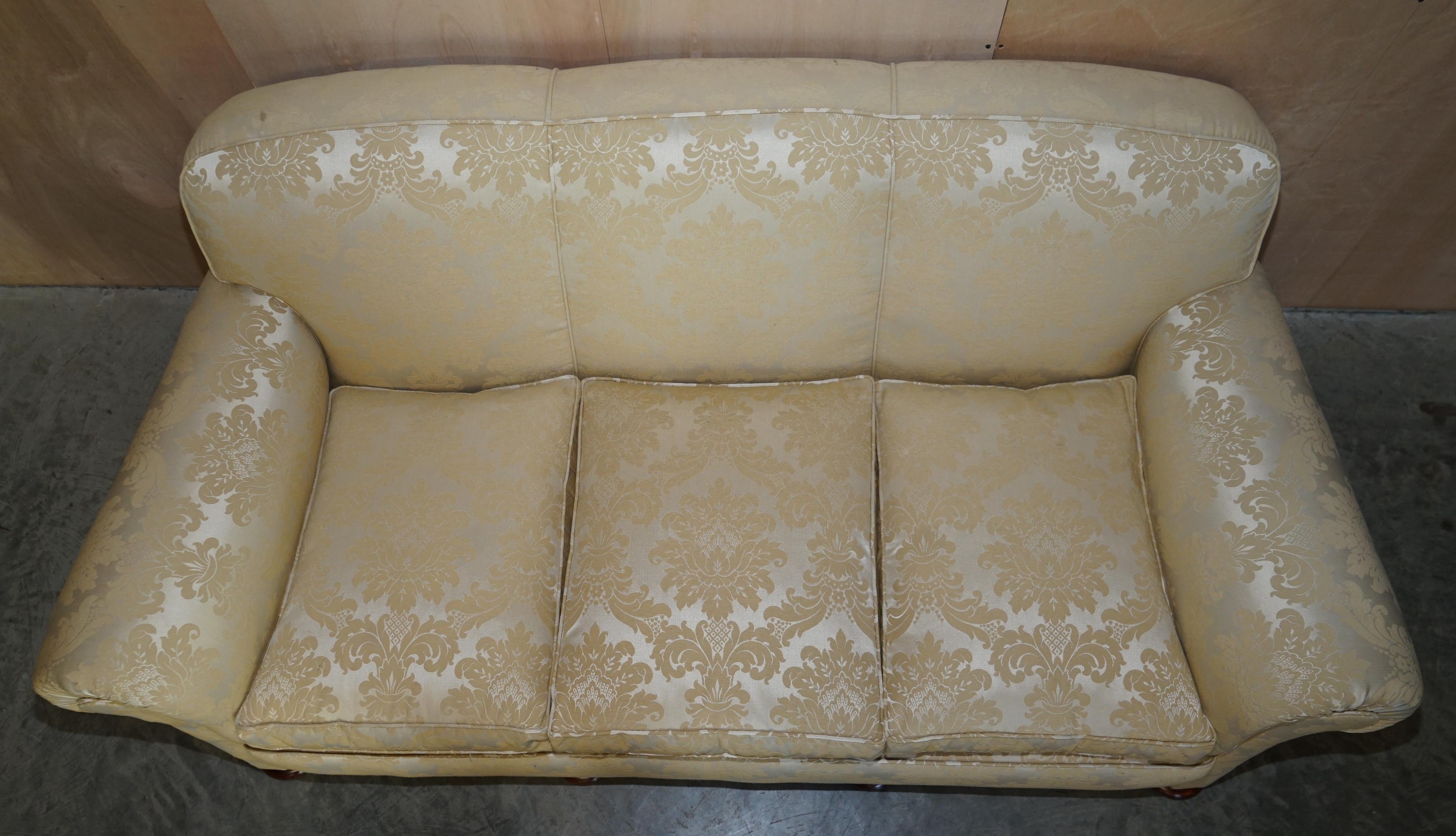 Antique Victorian Sofa & Armchair Club Suite Damask Upholstery Turned Bun Feet For Sale 7