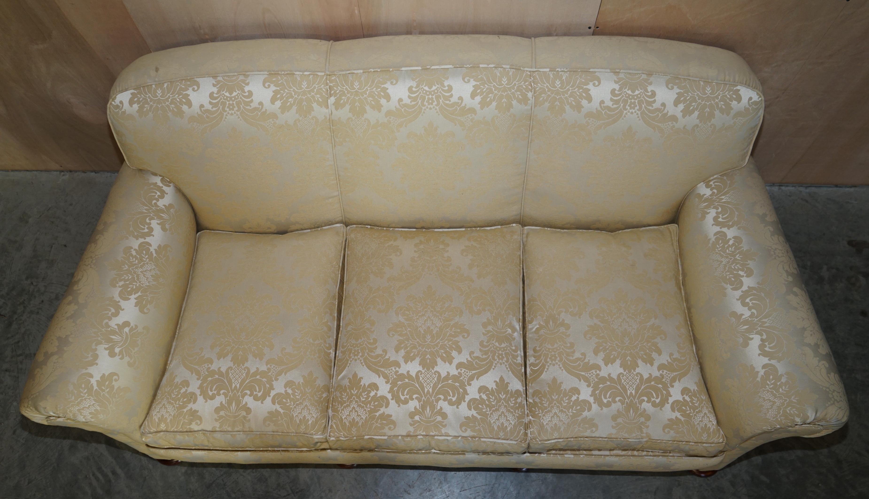 Antique Victorian Sofa & Armchair Club Suite Damask Upholstery Turned Bun Feet For Sale 8