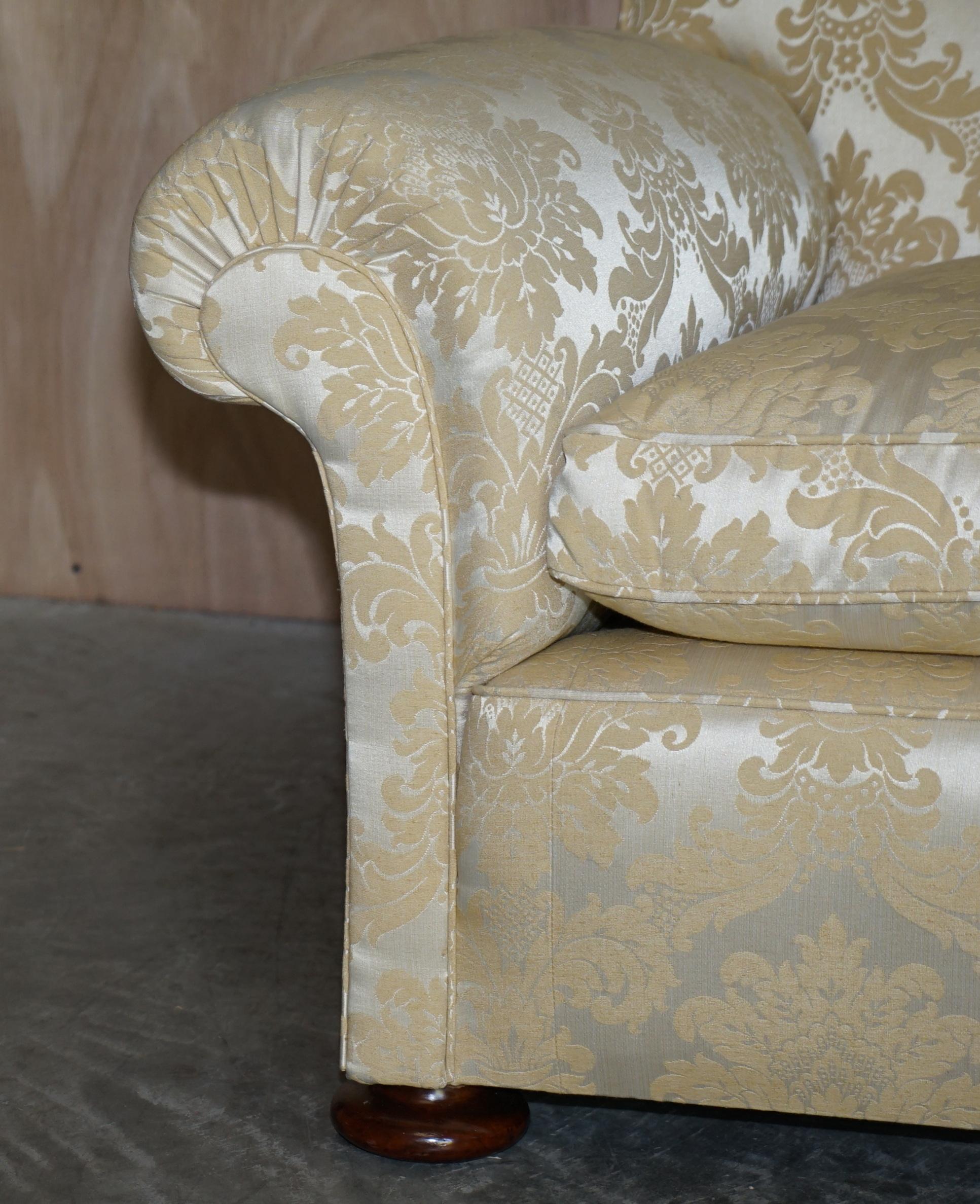 Antique Victorian Sofa & Armchair Club Suite Damask Upholstery Turned Bun Feet For Sale 8