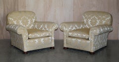 Antique Victorian Sofa & Armchair Club Suite Damask Upholstery Turned Bun Feet