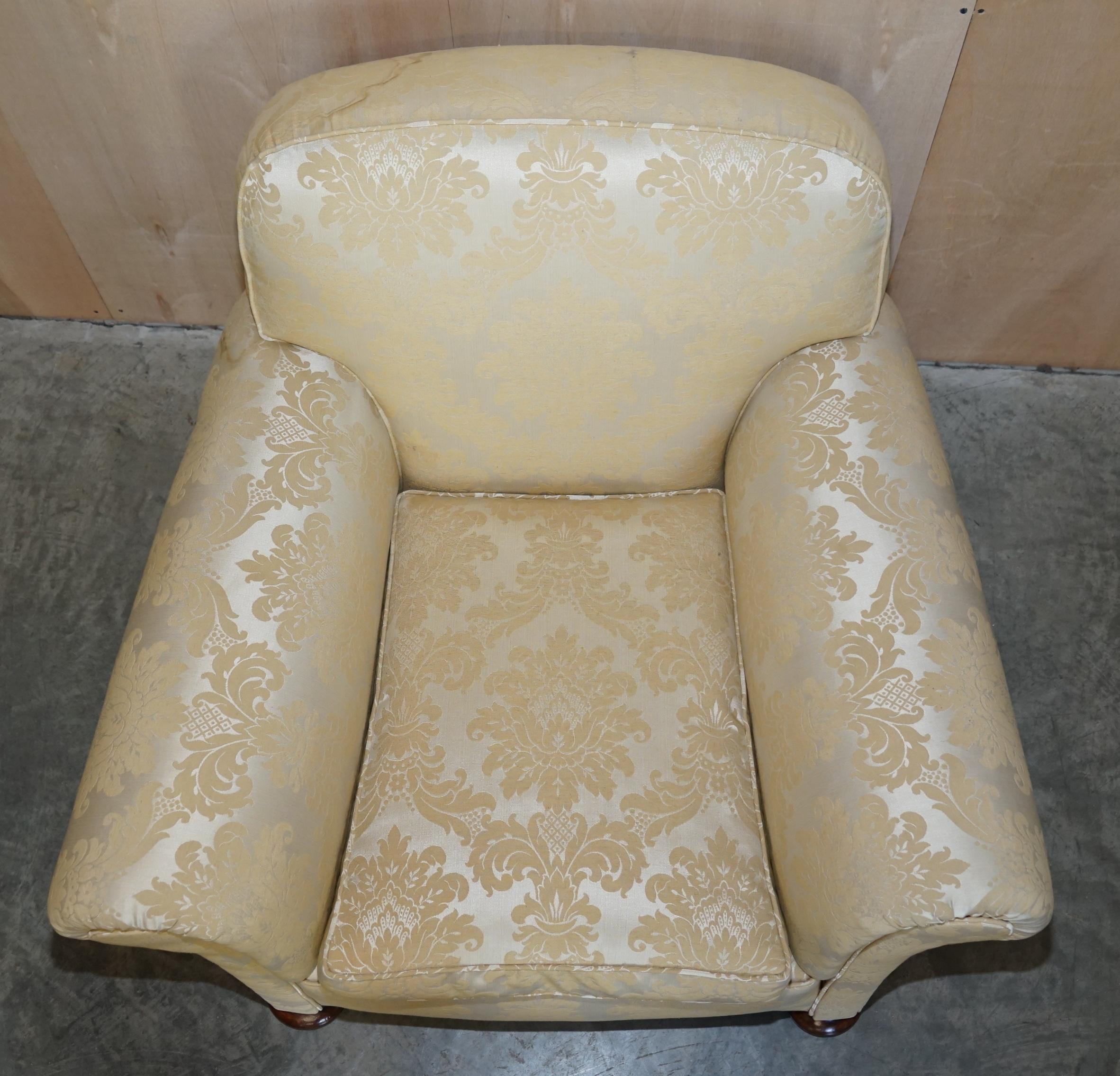 English Antique Victorian Sofa & Armchair Club Suite Damask Upholstery Turned Bun Feet For Sale