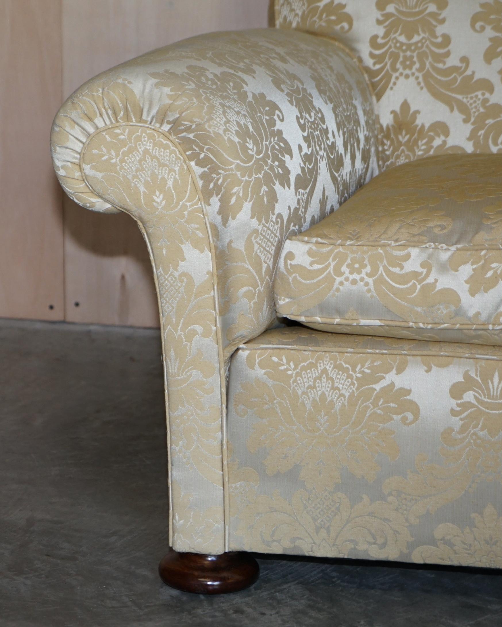 Hand-Crafted Antique Victorian Sofa & Armchair Club Suite Damask Upholstery Turned Bun Feet For Sale