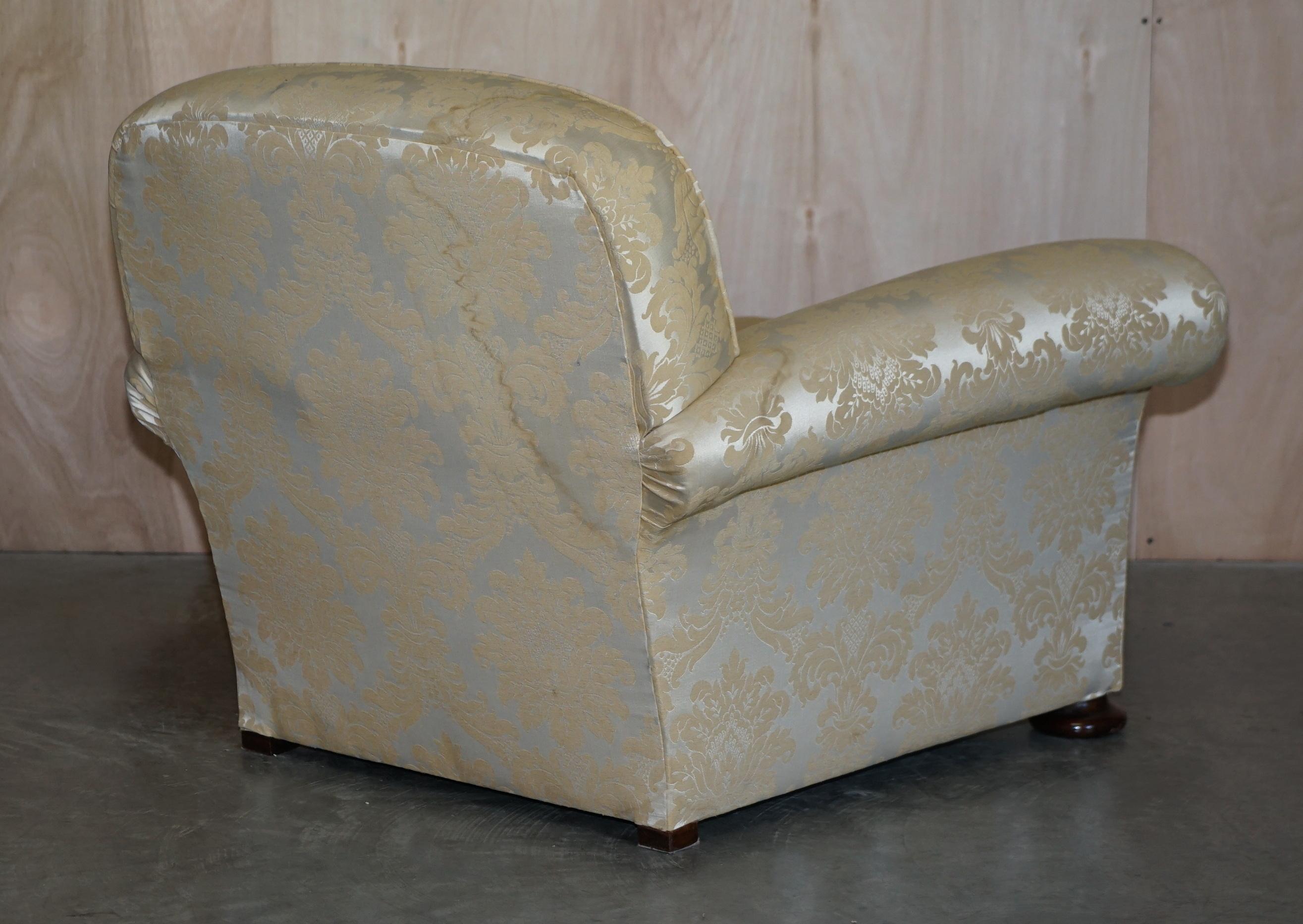19th Century Antique Victorian Sofa & Armchair Club Suite Damask Upholstery Turned Bun Feet For Sale