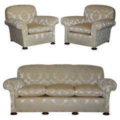 Antique Victorian Sofa & Armchair Club Suite Damask Upholstery Turned Bun Feet