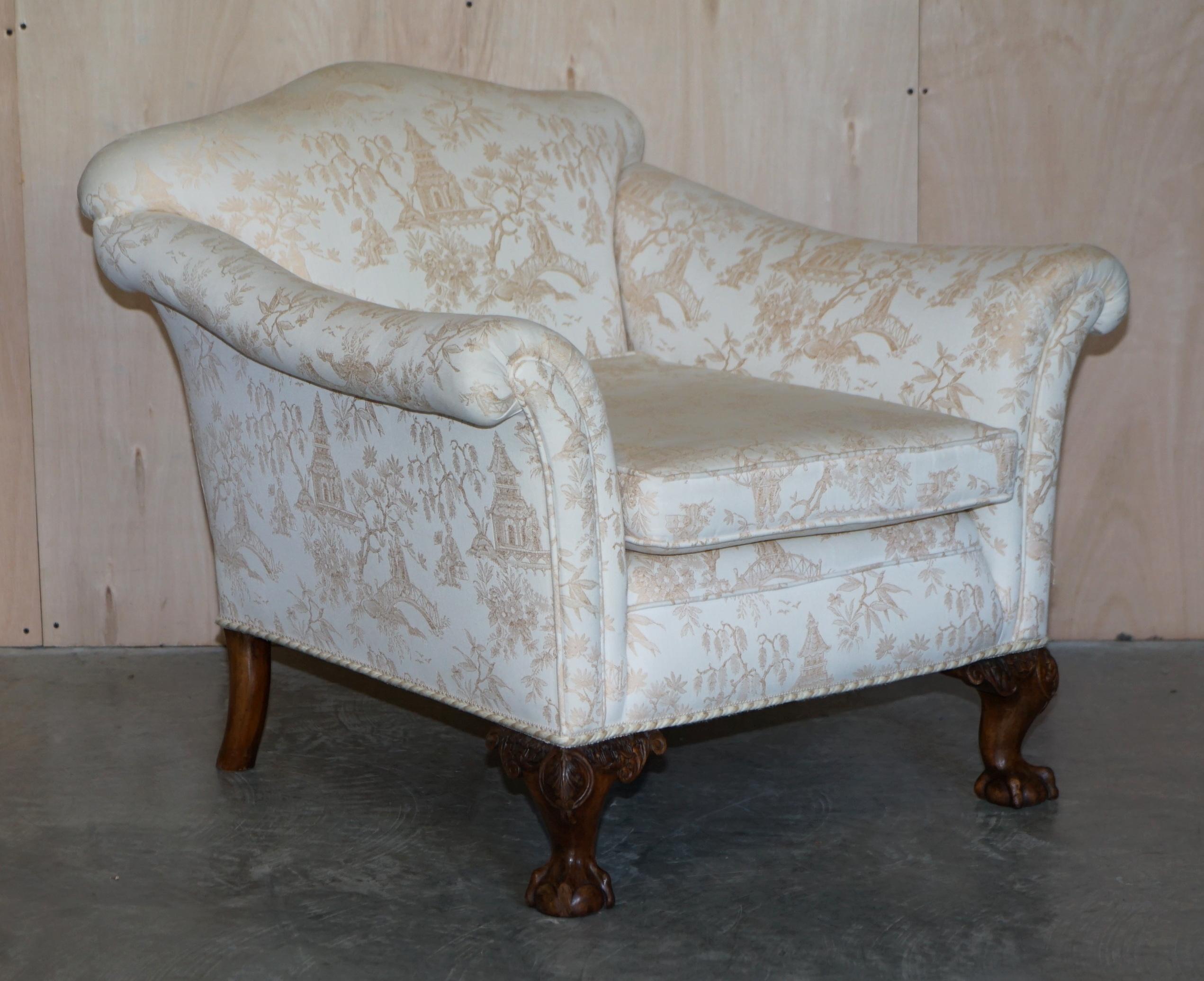 Antique Victorian Sofa & Armchair Suite Chinoiserie Upholstery Claw & Ball Feet en vente 3