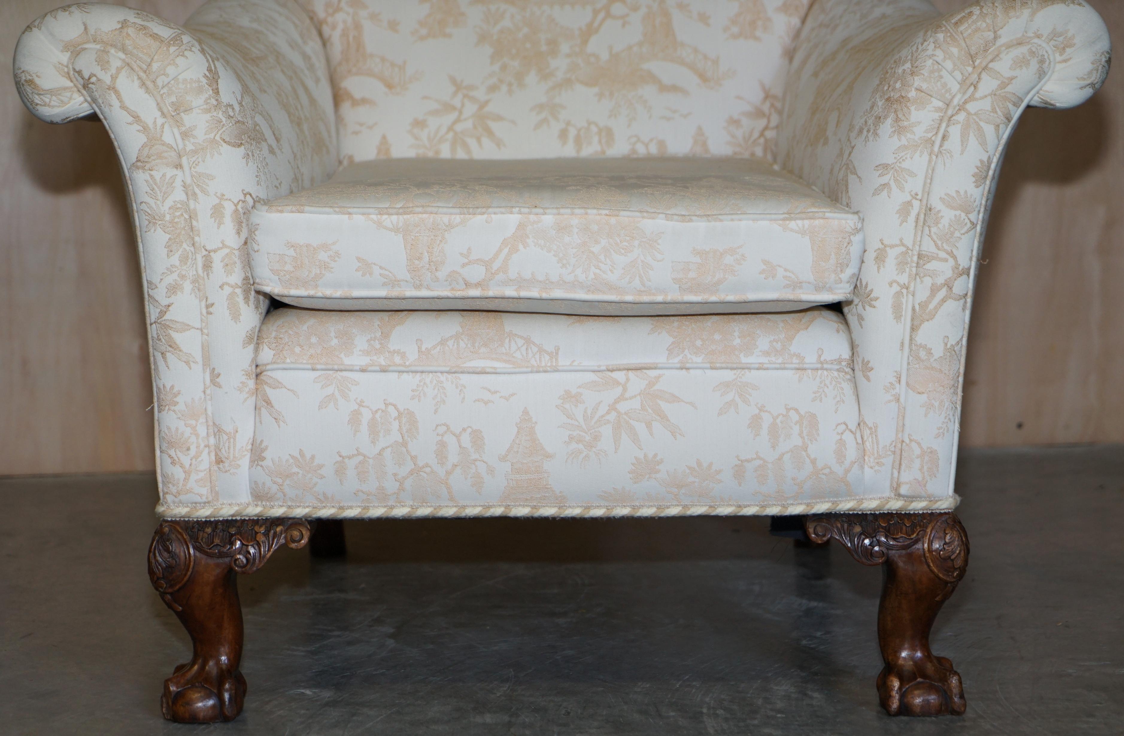 Antique Victorian Sofa & Armchair Suite Chinoiserie Upholstery Claw & Ball Feet en vente 6