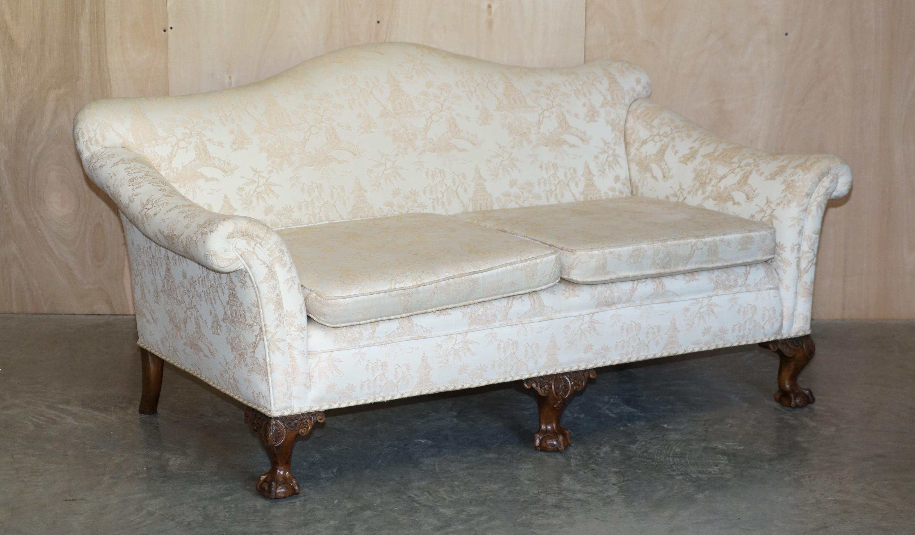 Antique Victorian Sofa & Armchair Suite Chinoiserie Upholstery Claw & Ball Feet For Sale 7