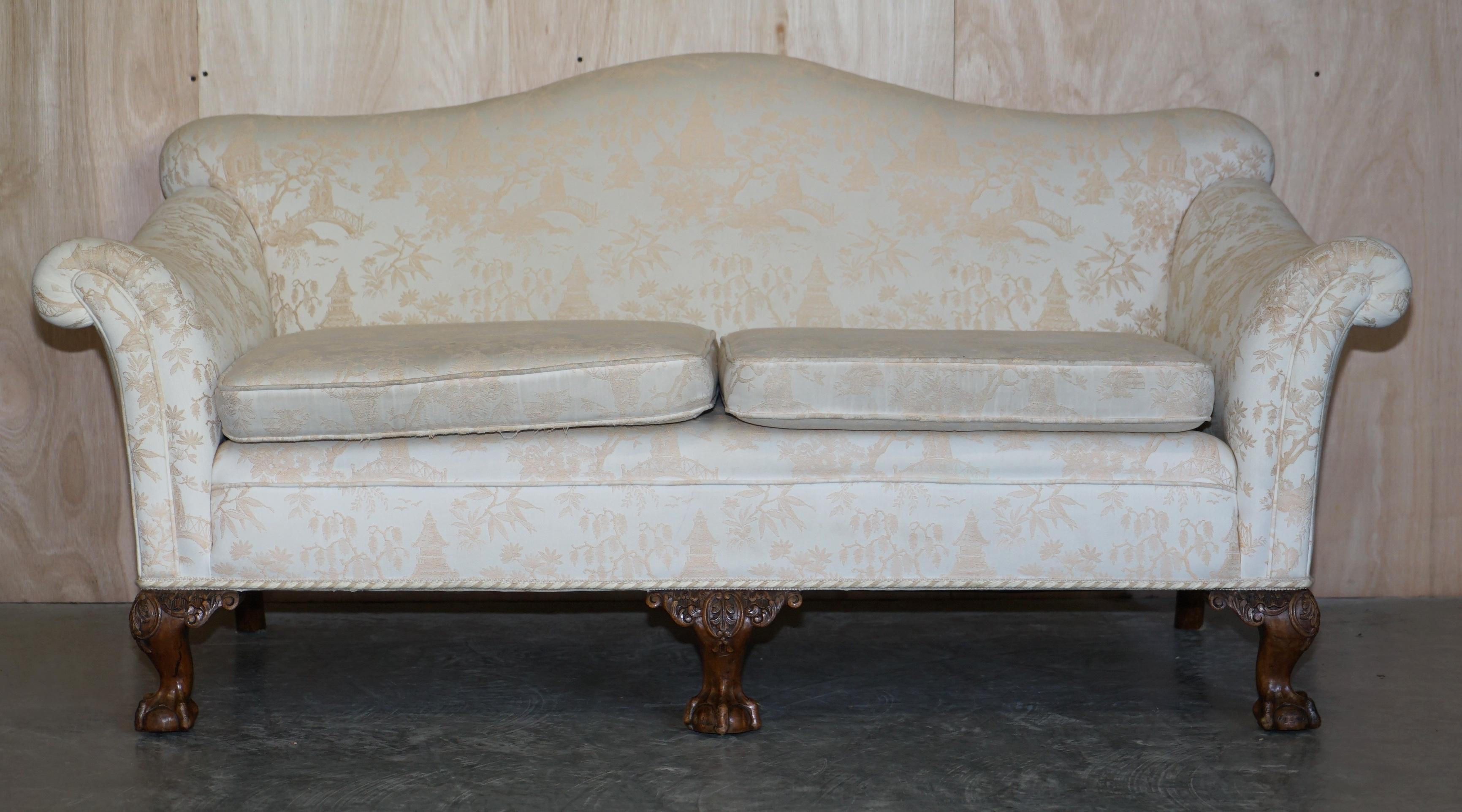 Antique Victorian Sofa & Armchair Suite Chinoiserie Upholstery Claw & Ball Feet For Sale 9