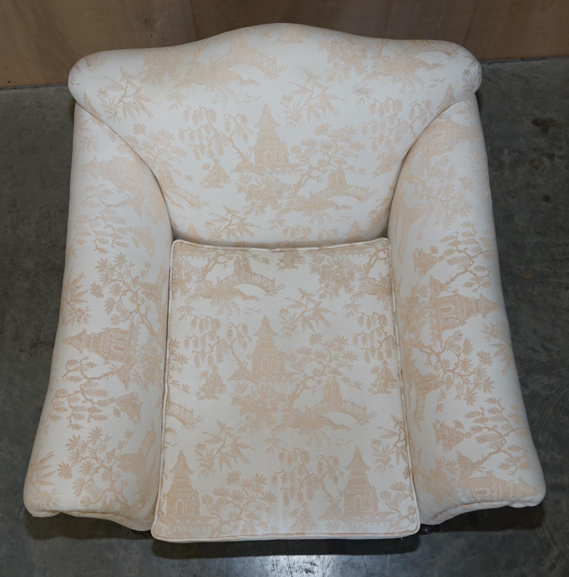 Hand-Crafted Antique Victorian Sofa & Armchair Suite Chinoiserie Upholstery Claw & Ball Feet For Sale
