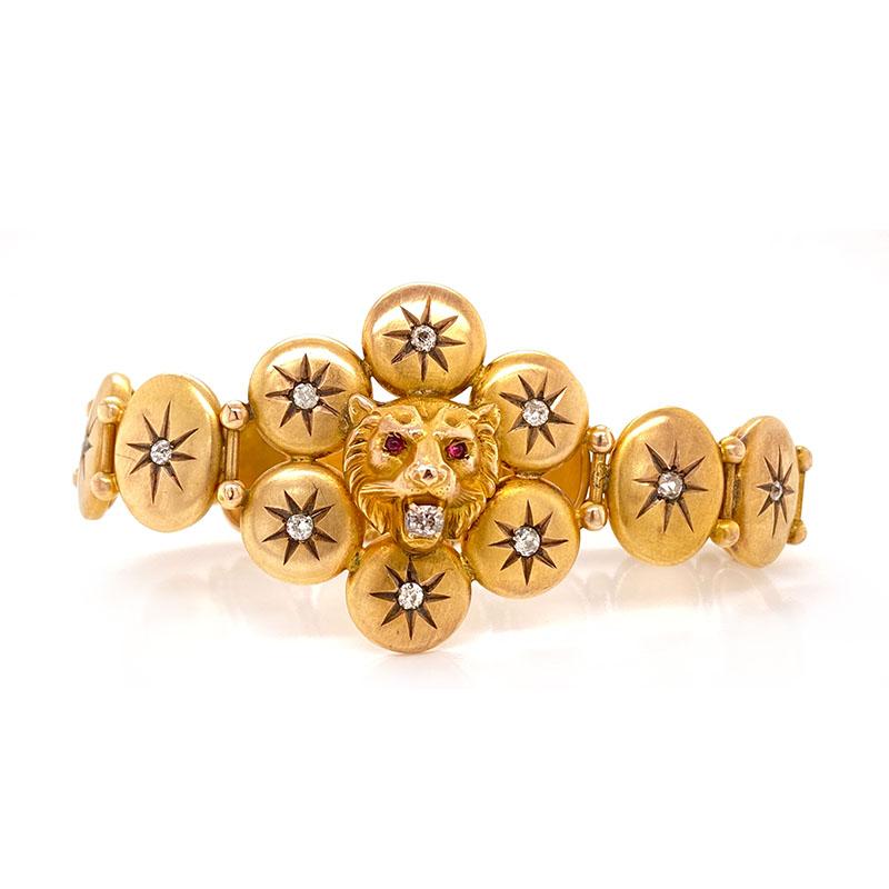 Antique Victorian Solid 12 Karat Gold Ruby and Diamond Lion Bracelet 14.4g 3