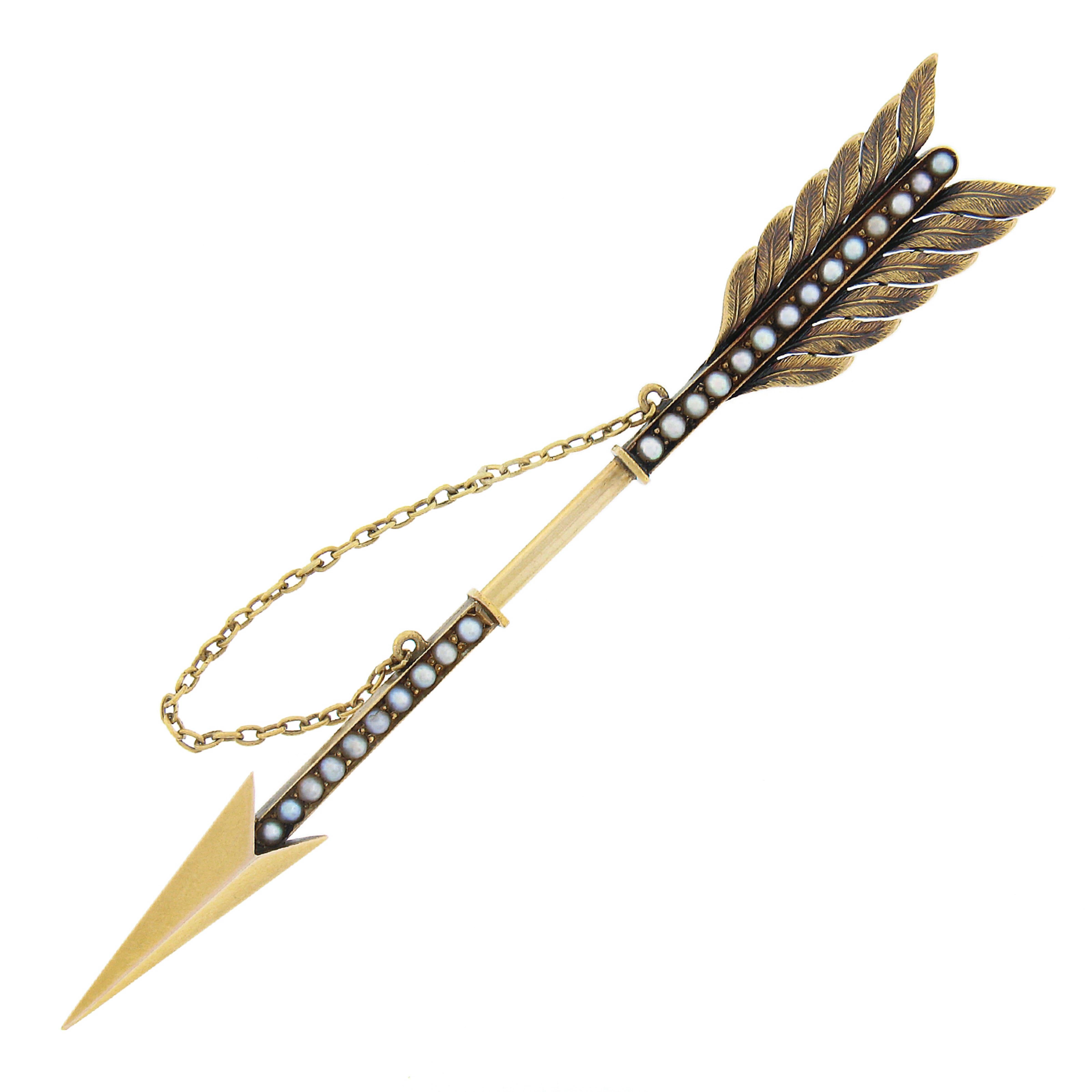Round Cut Antique Victorian Solid 14k Gold Large Detailed Seed Pearl Arrow Pin Brooch For Sale
