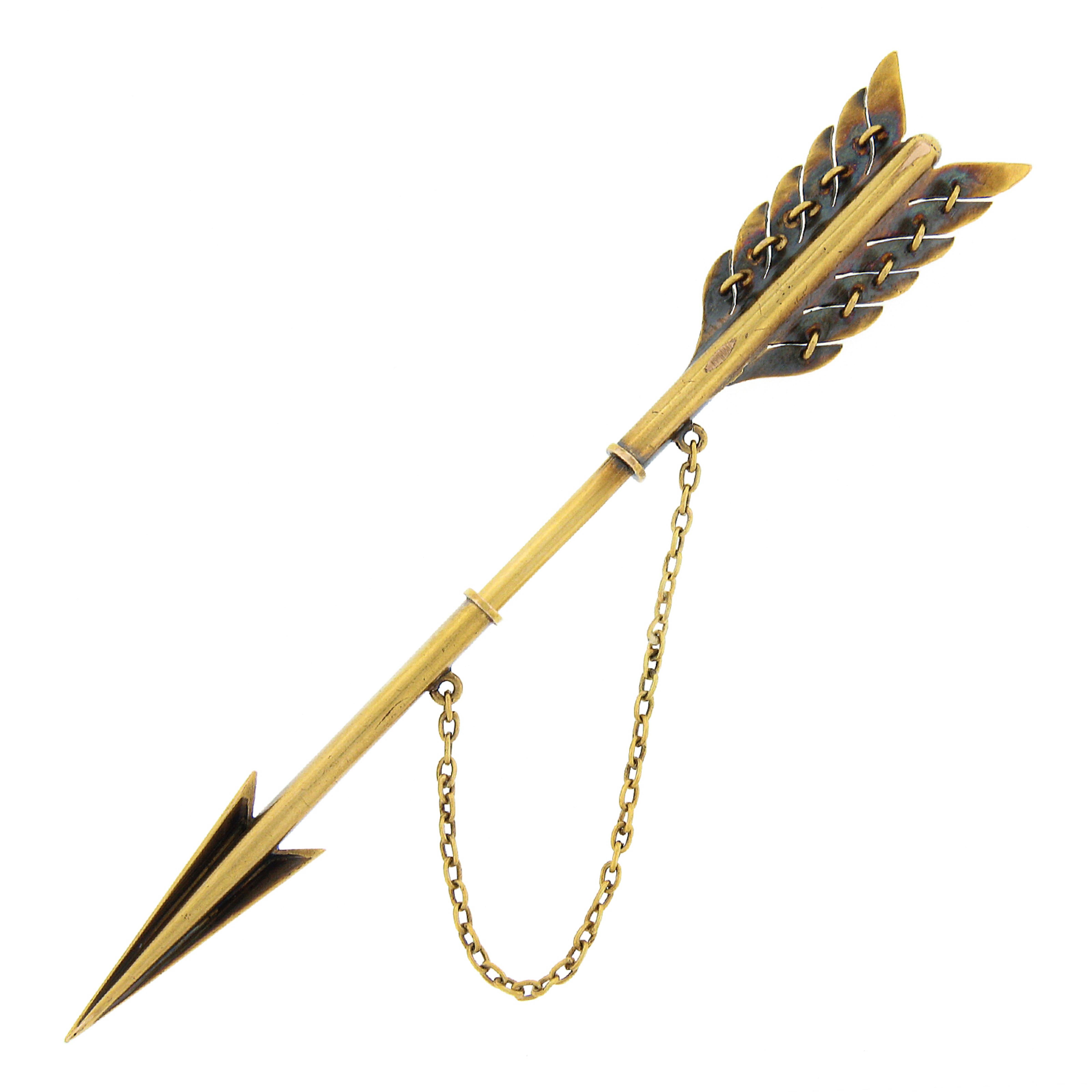 Antique Victorian Solid 14k Gold Large Detailed Seed Pearl Arrow Pin Brooch In Good Condition For Sale In Montclair, NJ