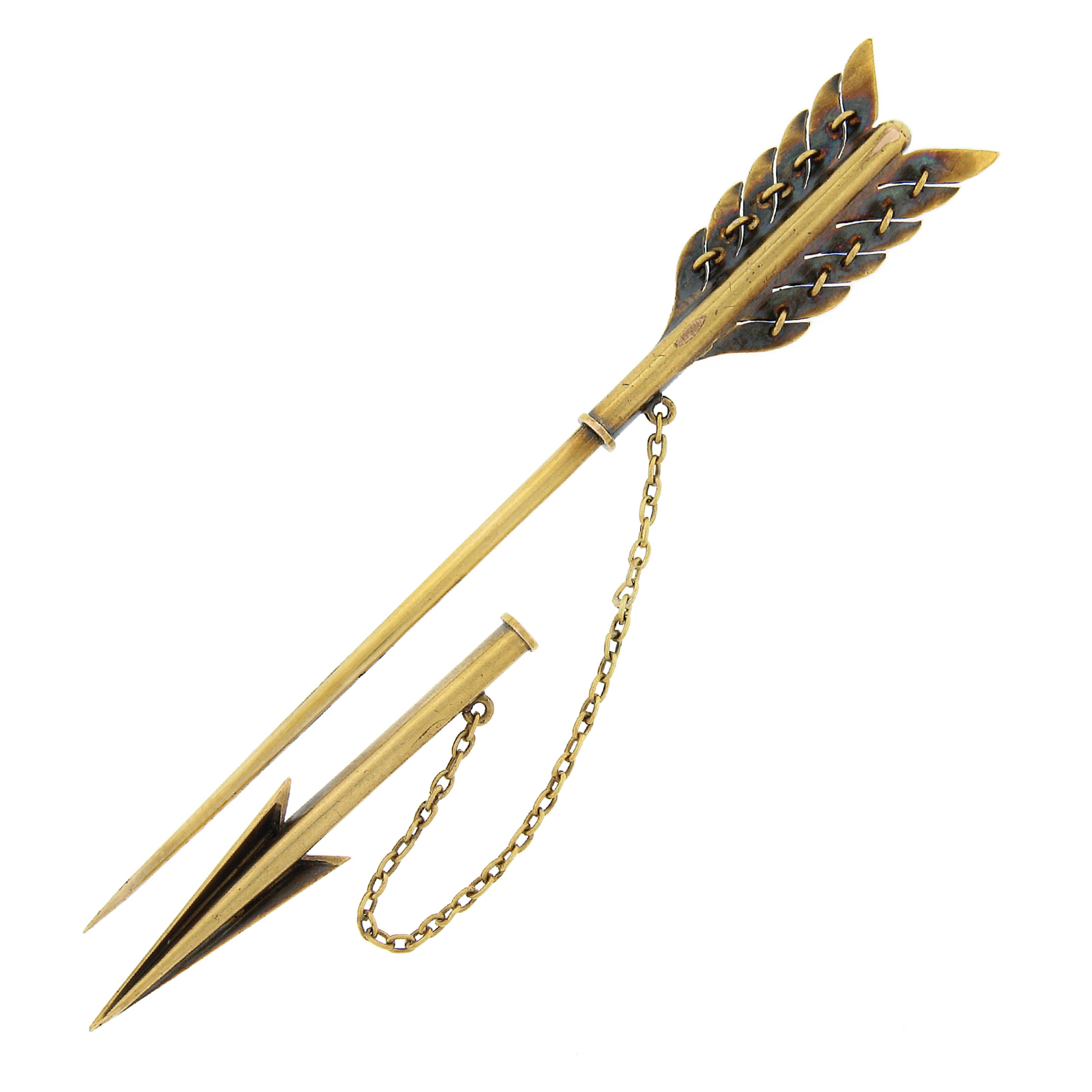 Women's or Men's Antique Victorian Solid 14k Gold Large Detailed Seed Pearl Arrow Pin Brooch For Sale