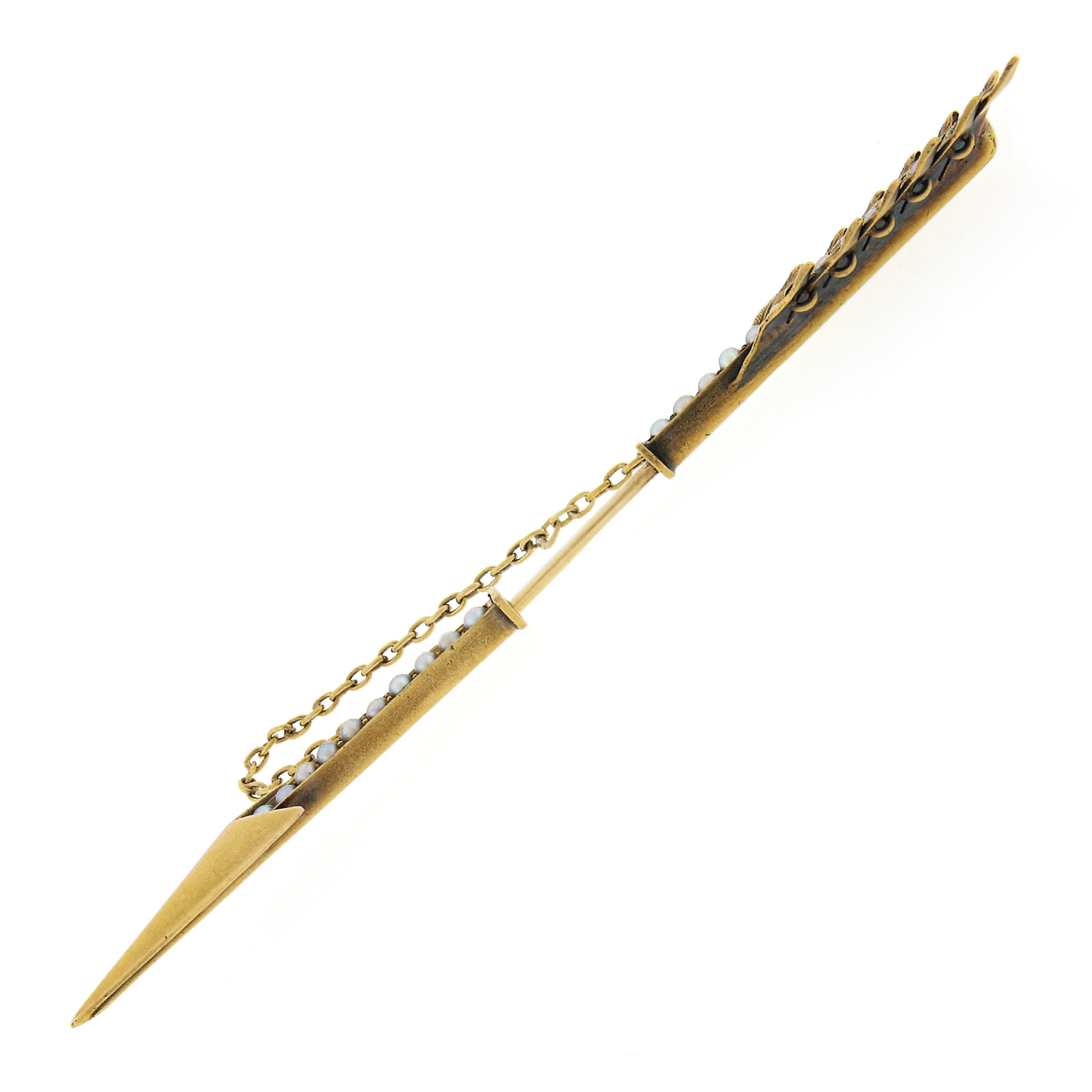 Antique Victorian Solid 14k Gold Large Detailed Seed Pearl Arrow Pin Brooch For Sale 1