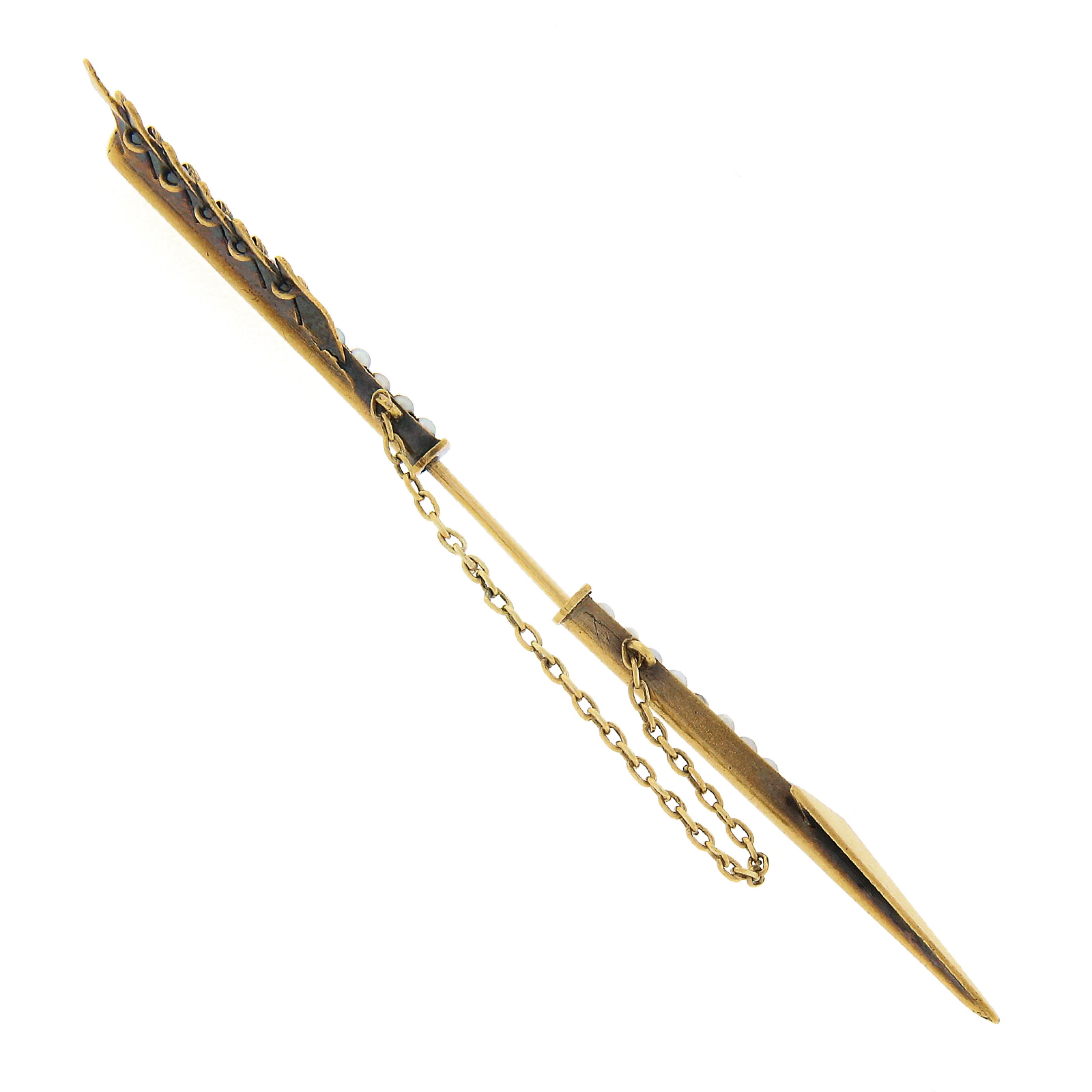 Antike viktorianische solide 14k Gold große detaillierte Seed Pearl Arrow Pin Brosche im Angebot 1