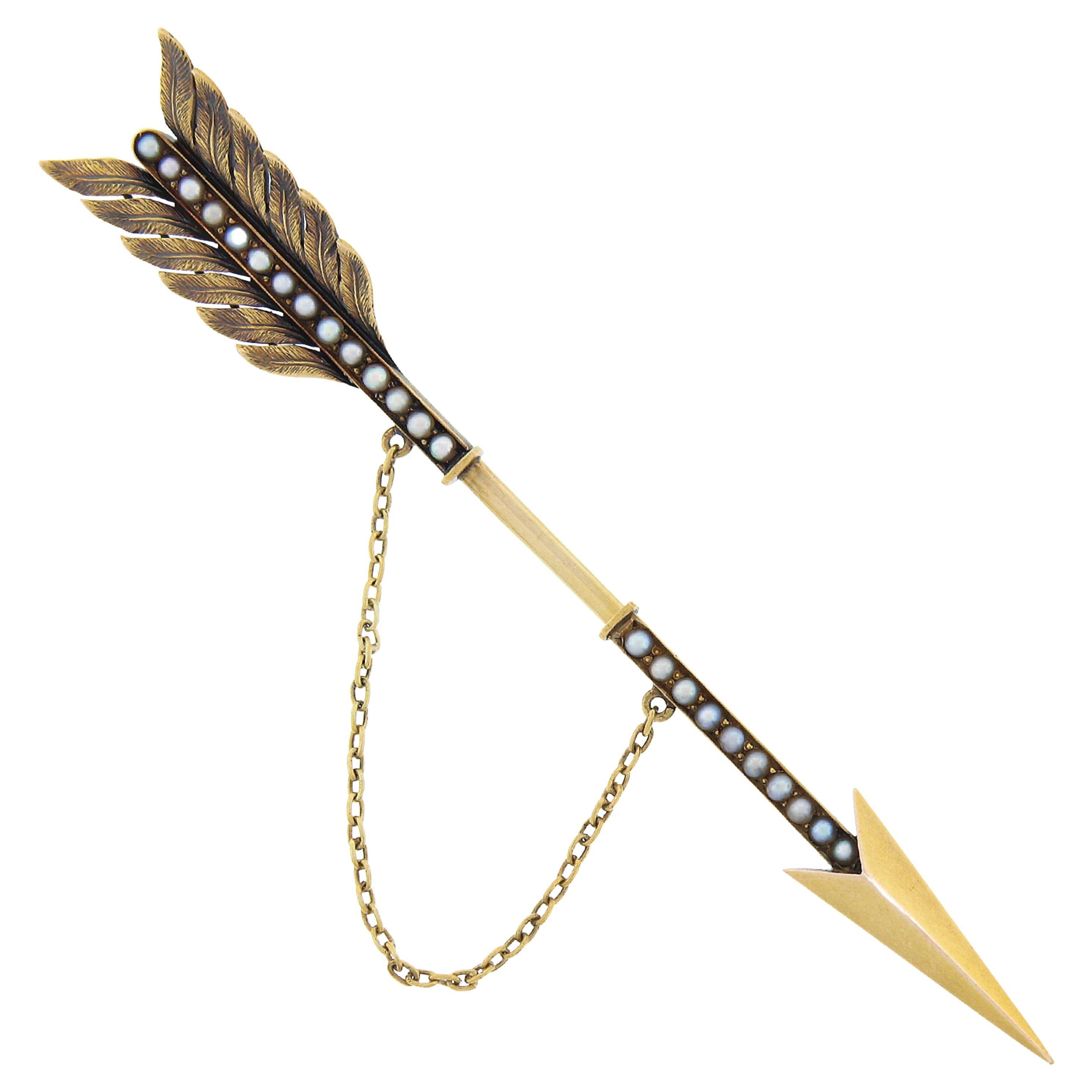 Antique Victorian Solid 14k Gold Large Detailed Seed Pearl Arrow Pin Brooch For Sale