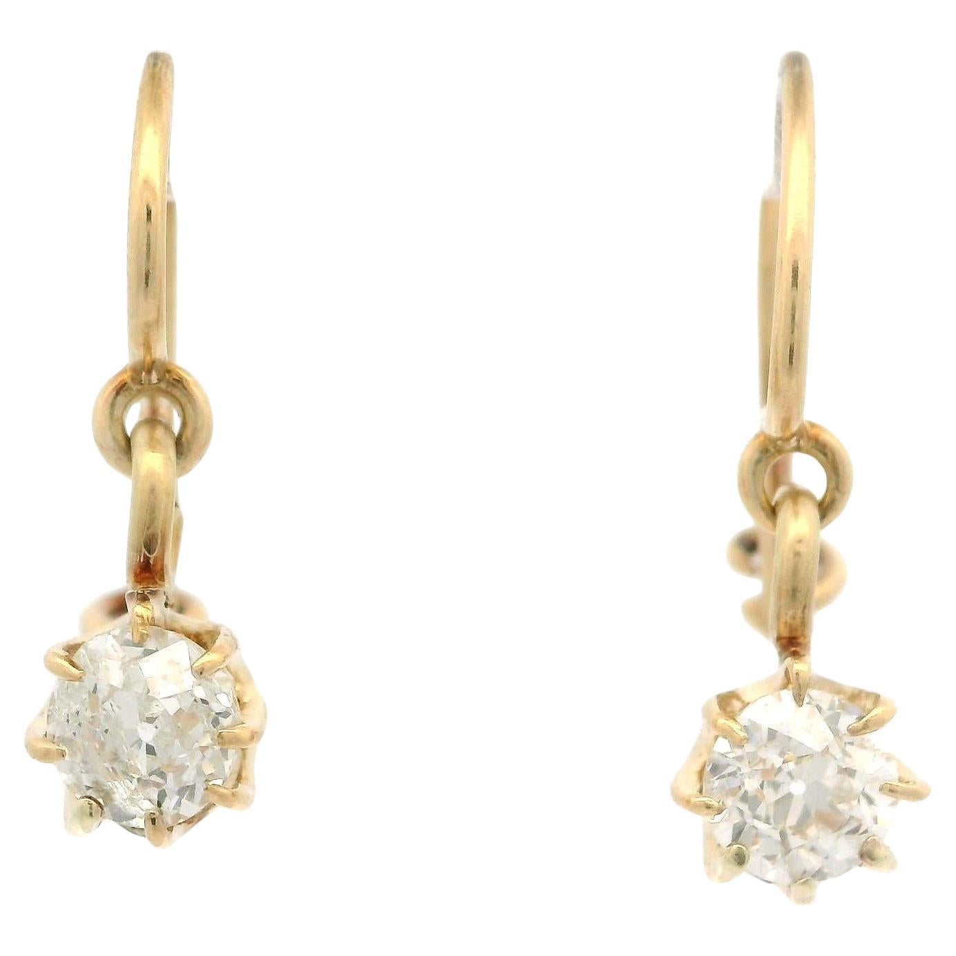 Antique Victorian Solid Gold Buttercup Old Mine Cut Diamond Drop Dangle Earrings