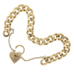 Antique Victorian Solid Gold Curb Link Padlock Heart & Key Lock Bracelet